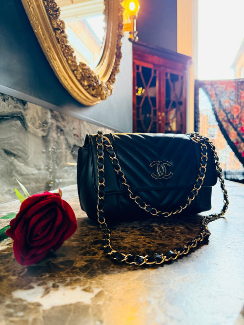 Chanel Chevron Small Bag Black Lambskin Leather Champagne Gold Hardware