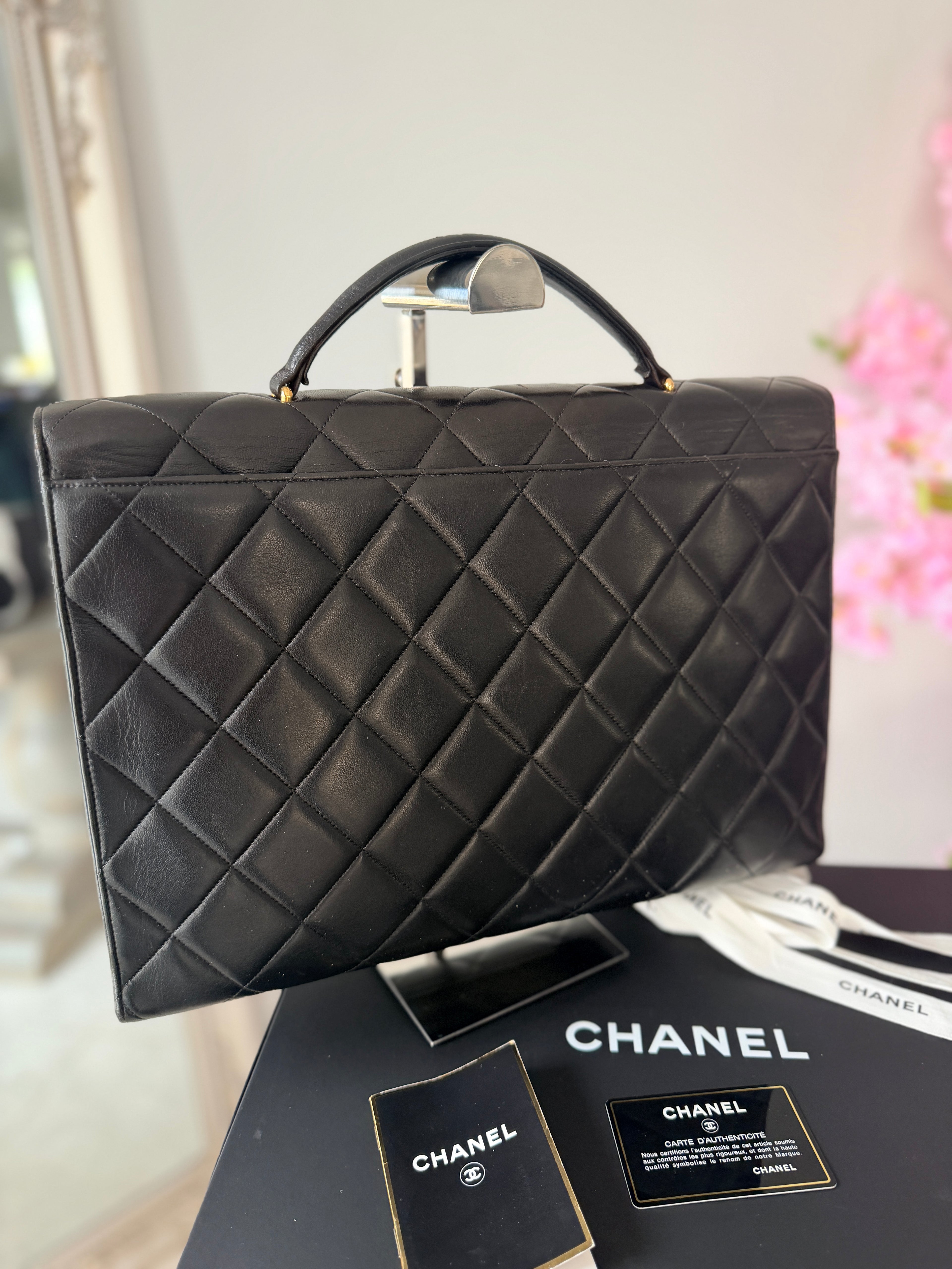 Chanel Matelasse Business Briefcase/Handbag Black Lambskin Leather Gold Hardware