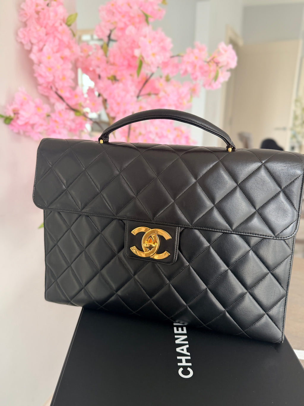 Chanel Matelasse Business Briefcase/Handbag Black Lambskin Leather Gold Hardware