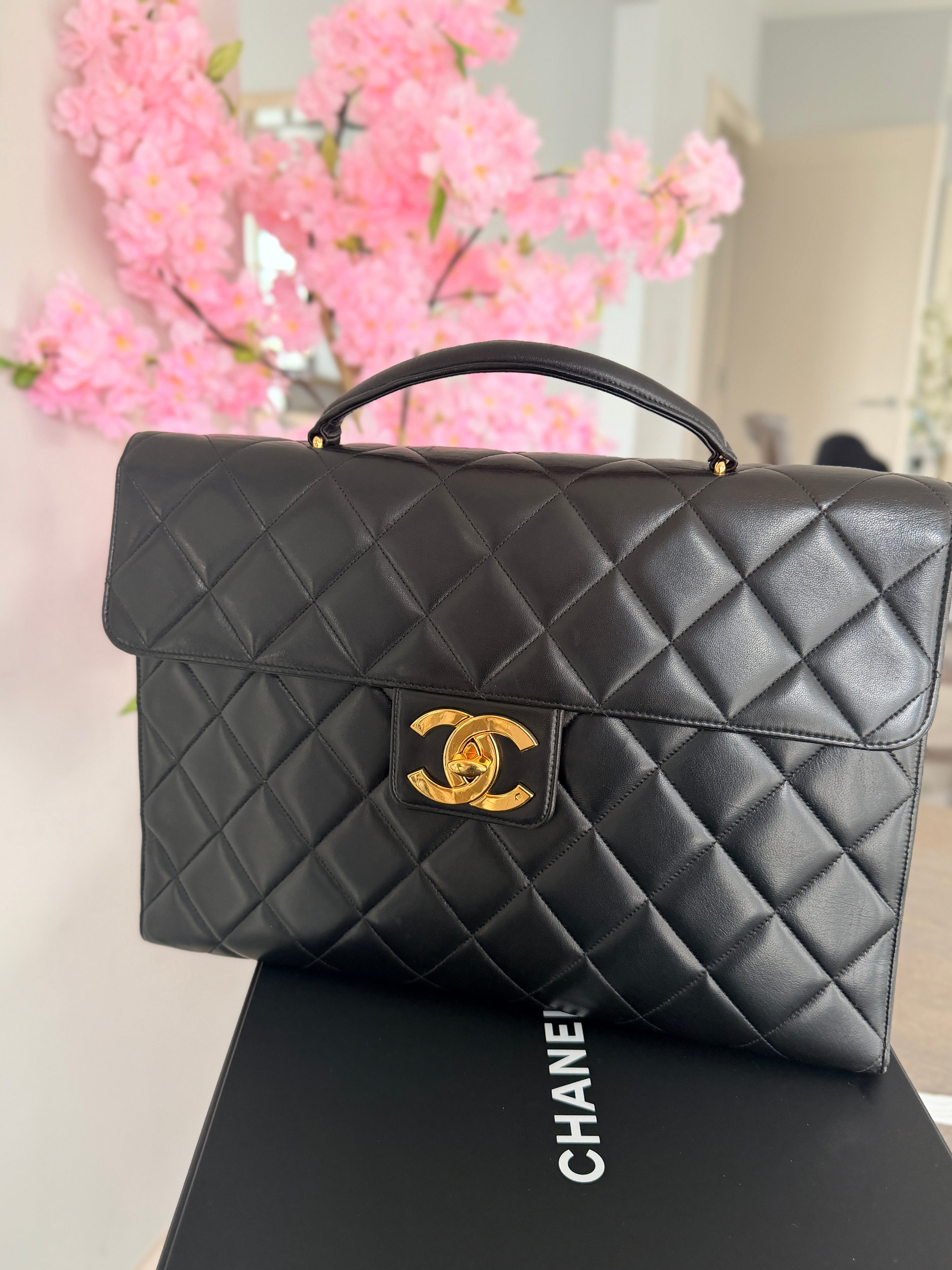 Chanel Matelasse Business Briefcase/Handbag Black Lambskin Leather Gold Hardware