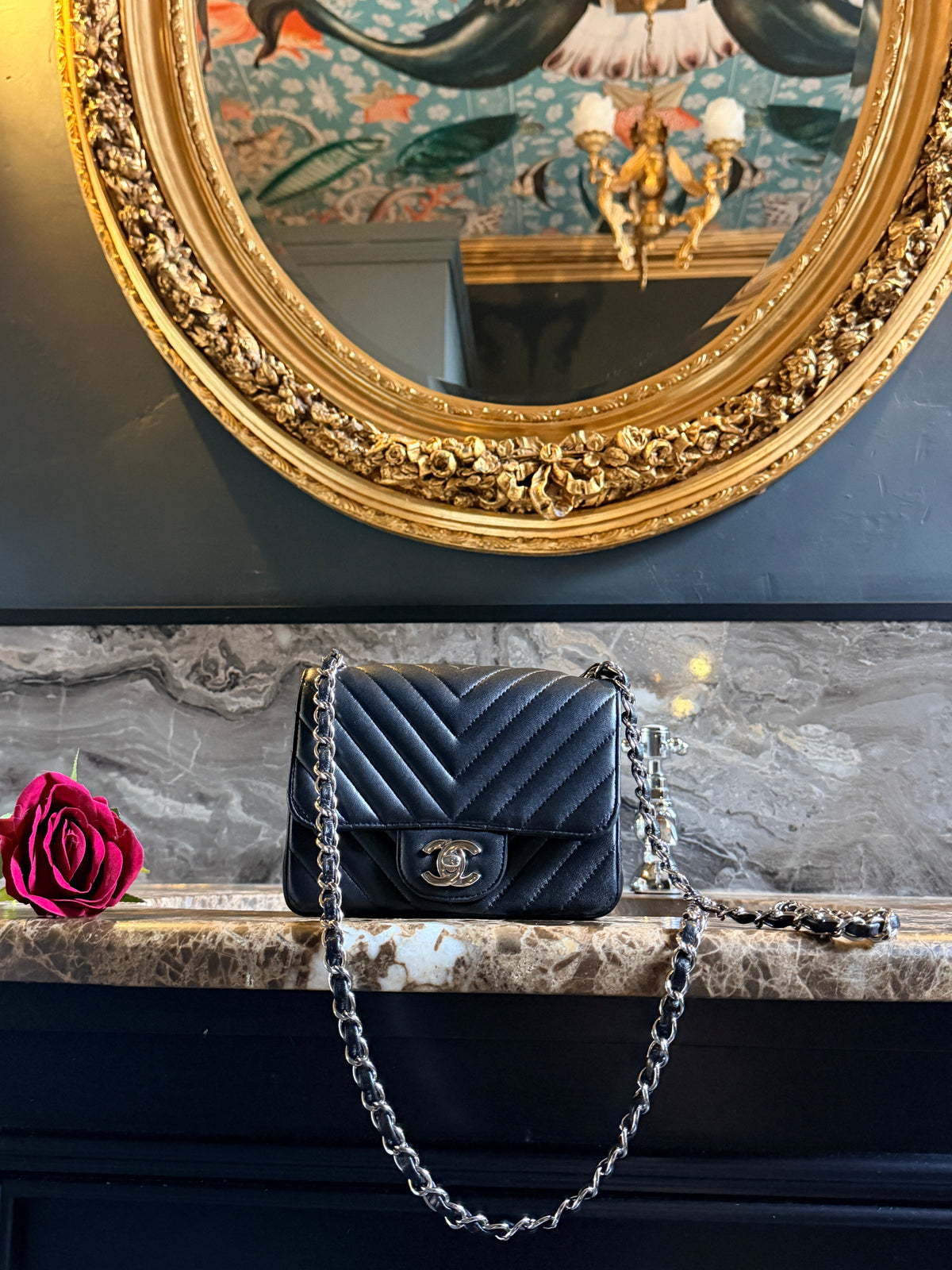 Chanel Mini Chevron Flap Black Lambskin Leather with Silver Hardware