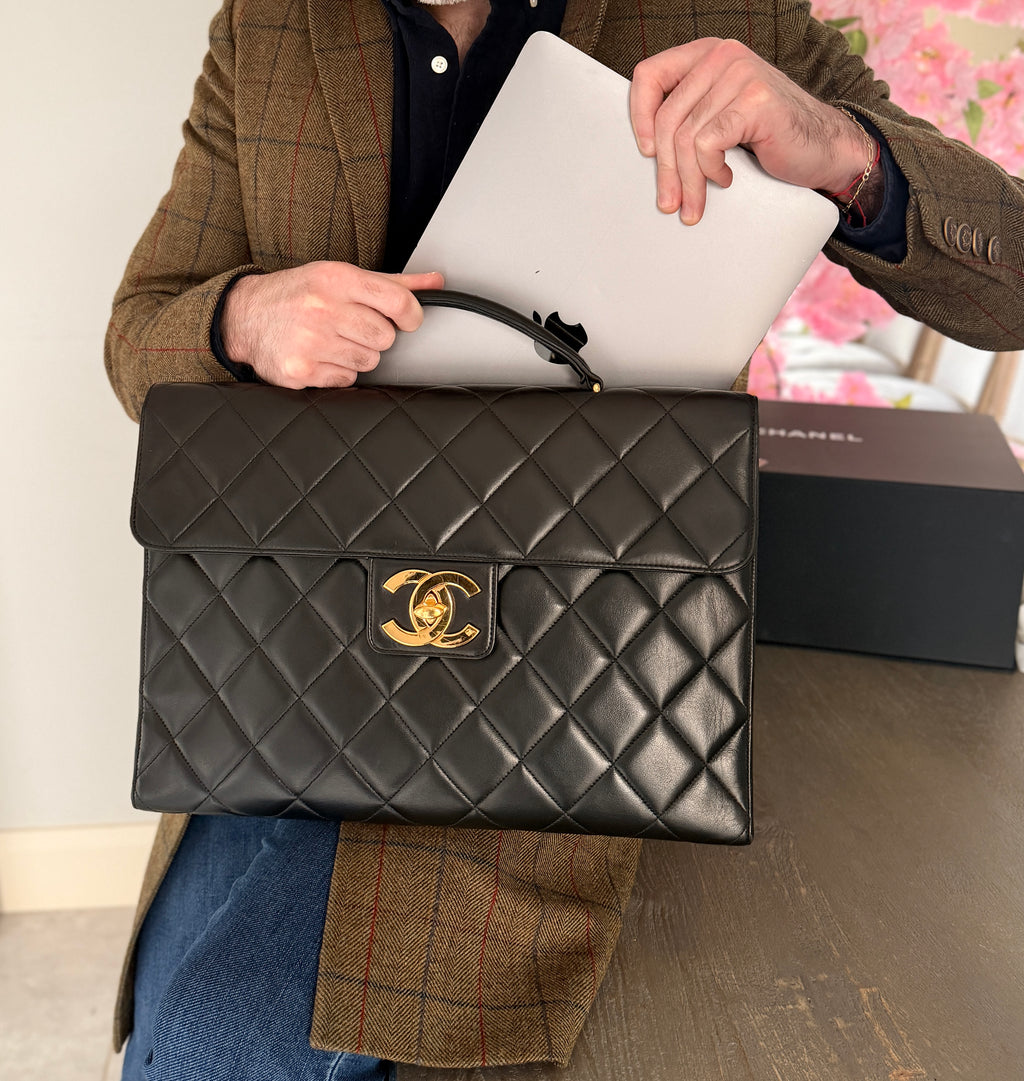 Chanel Matelasse Business Briefcase/Handbag Black Lambskin Leather Gold Hardware