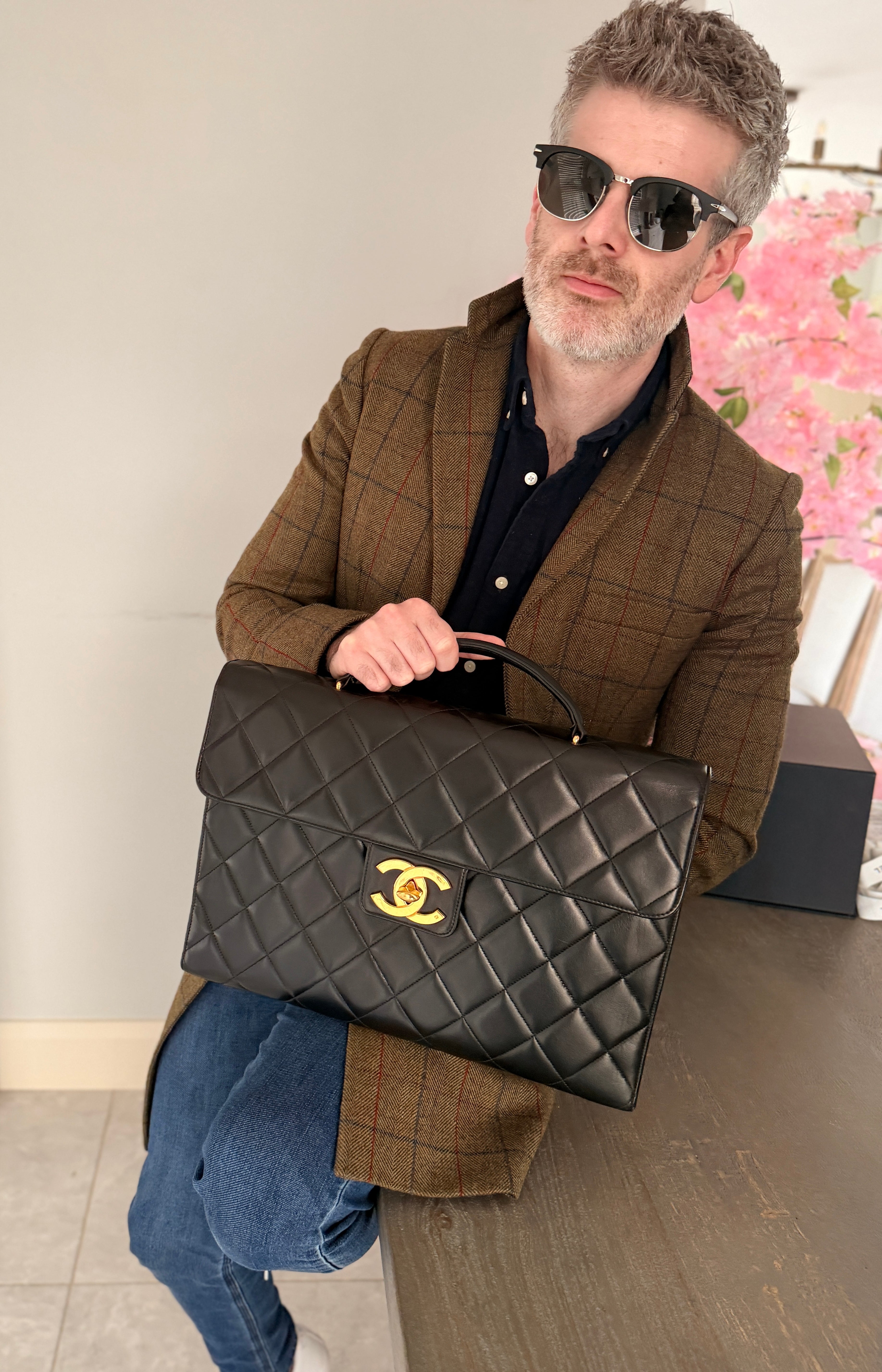 Chanel Matelasse Business Briefcase/Handbag Black Lambskin Leather Gold Hardware