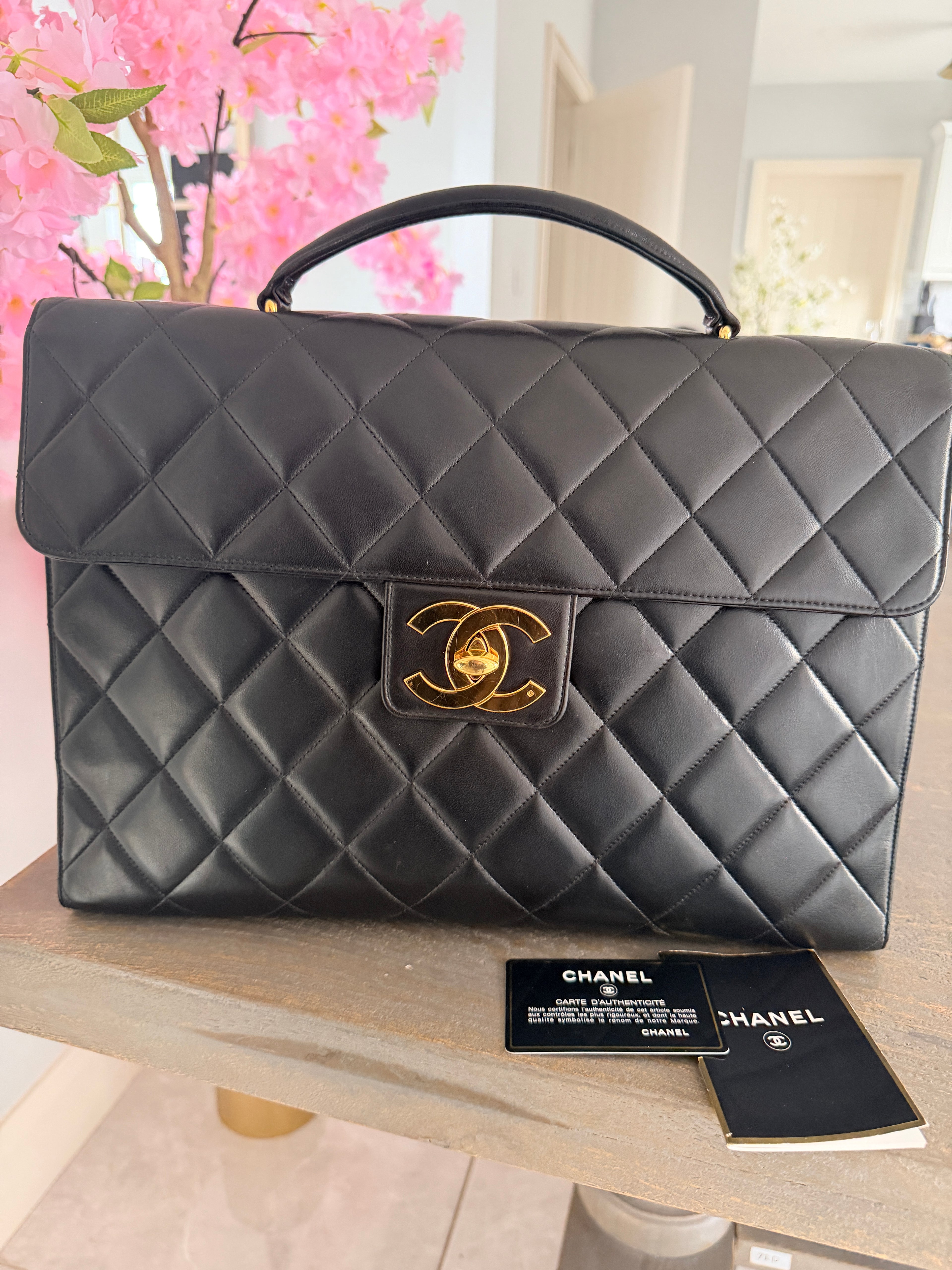 Chanel Matelasse Business Briefcase/Handbag Black Lambskin Leather Gold Hardware