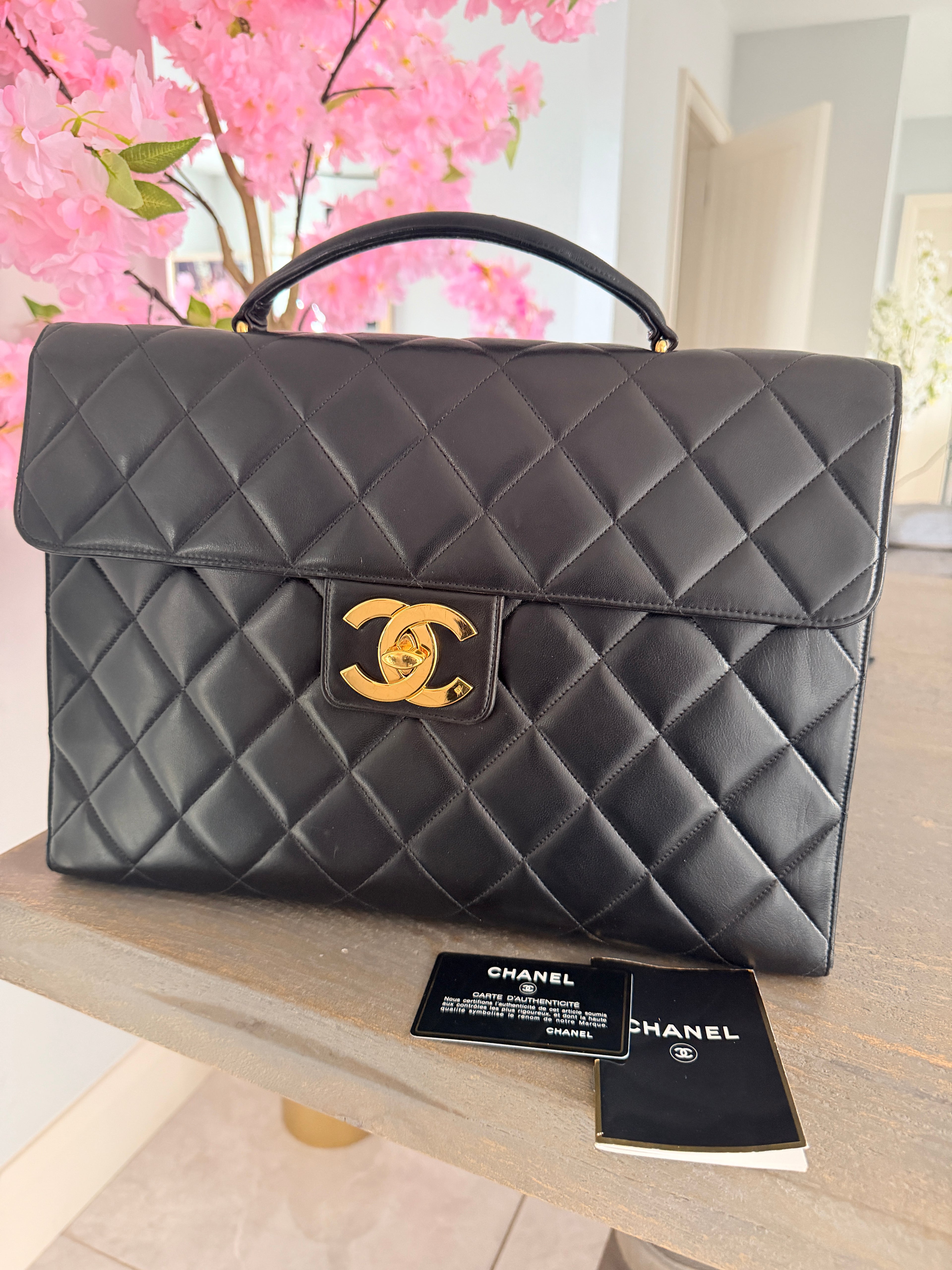 Chanel Matelasse Business Briefcase/Handbag Black Lambskin Leather Gold Hardware