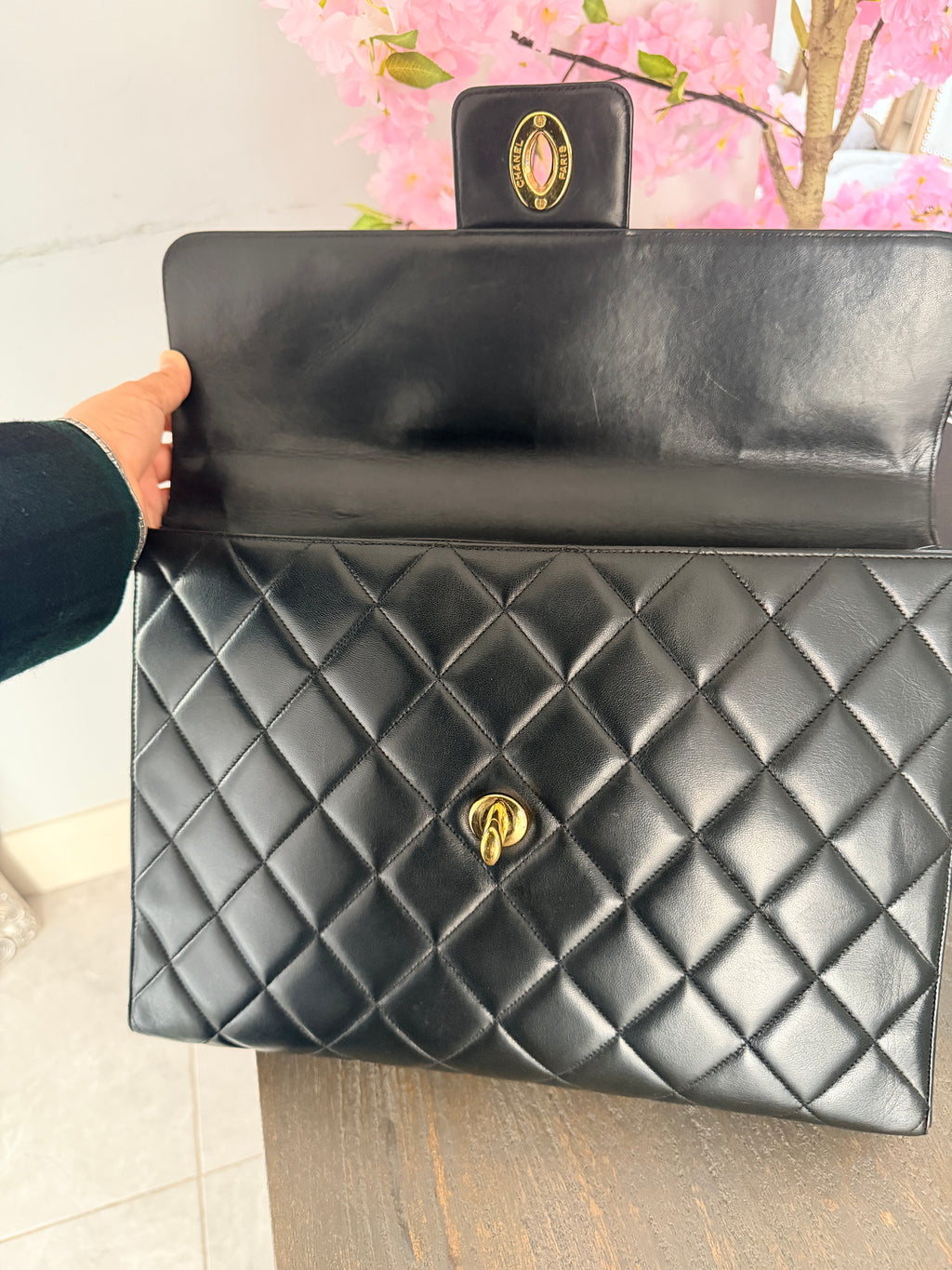 Chanel Matelasse Business Briefcase/Handbag Black Lambskin Leather Gold Hardware