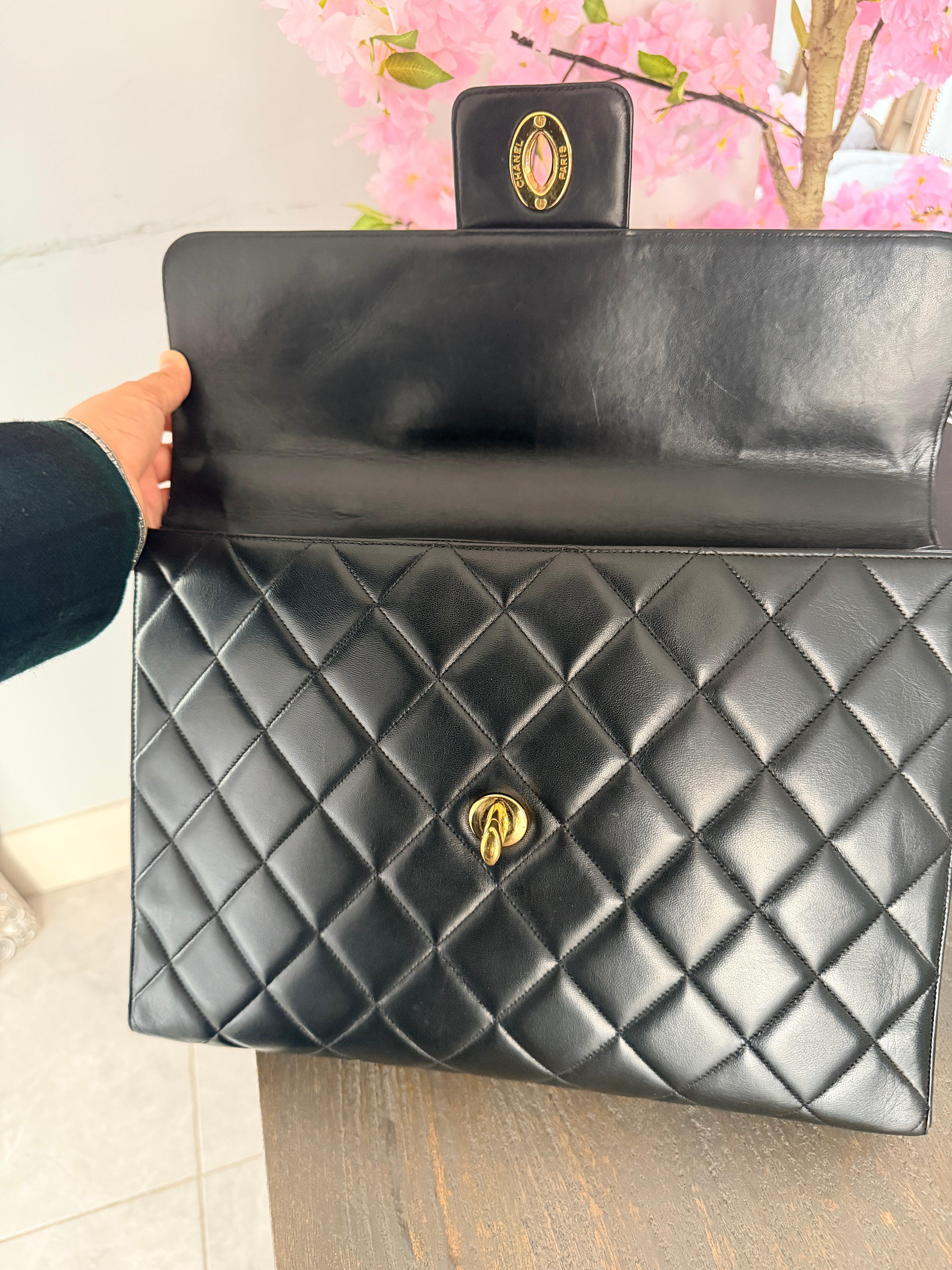 Chanel Matelasse Business Briefcase/Handbag Black Lambskin Leather Gold Hardware