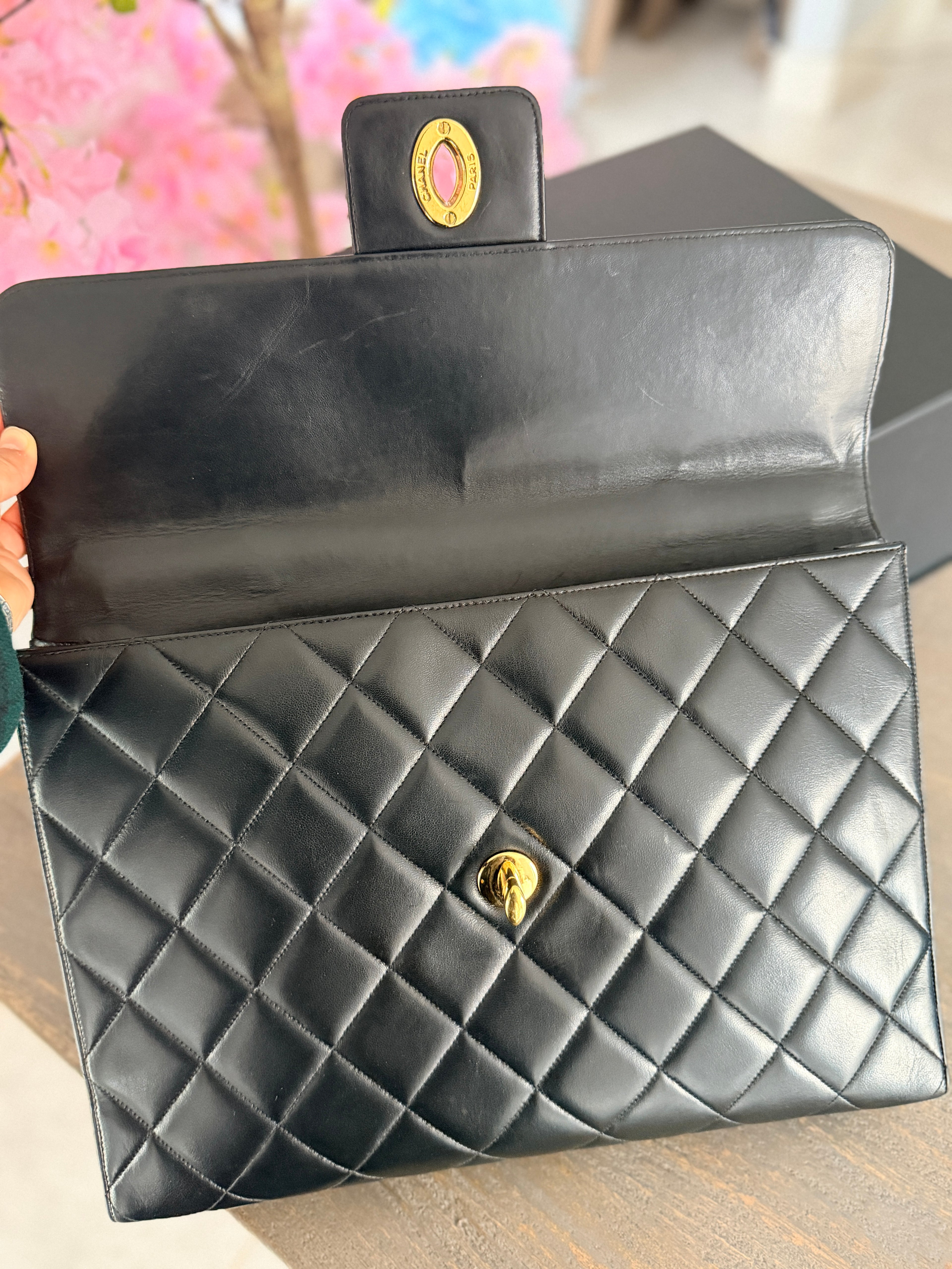 Chanel Matelasse Business Briefcase/Handbag Black Lambskin Leather Gold Hardware