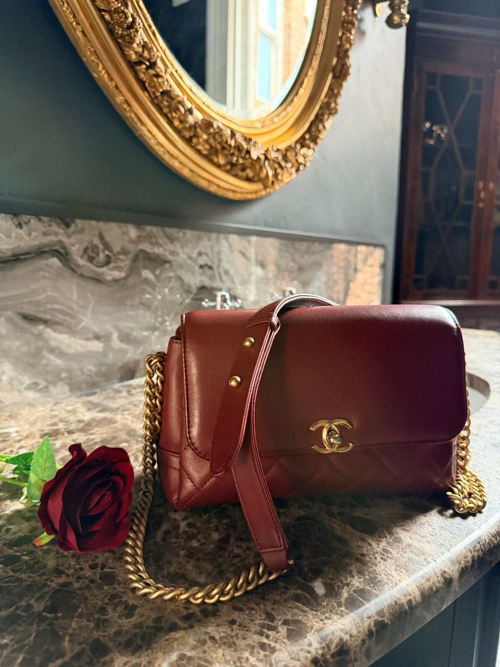 Chanel Single Flap Quilted Burgundy Lambskin Leather Bag with Aged Gold Hardware