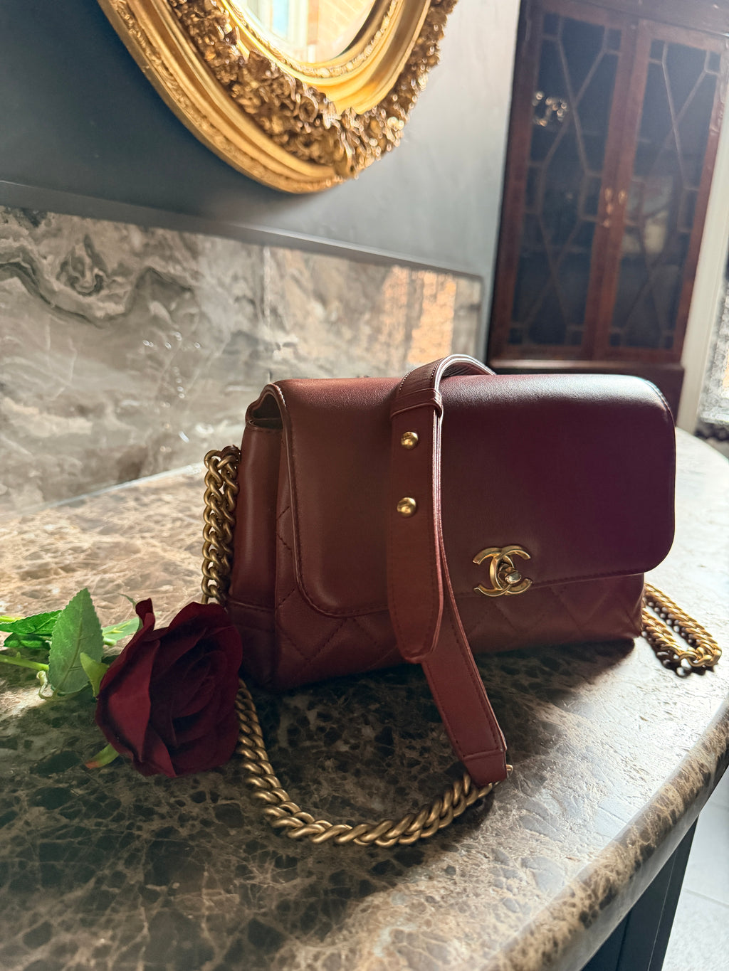 Chanel Single Flap Quilted Burgundy Lambskin Leather Bag with Aged Gold Hardware