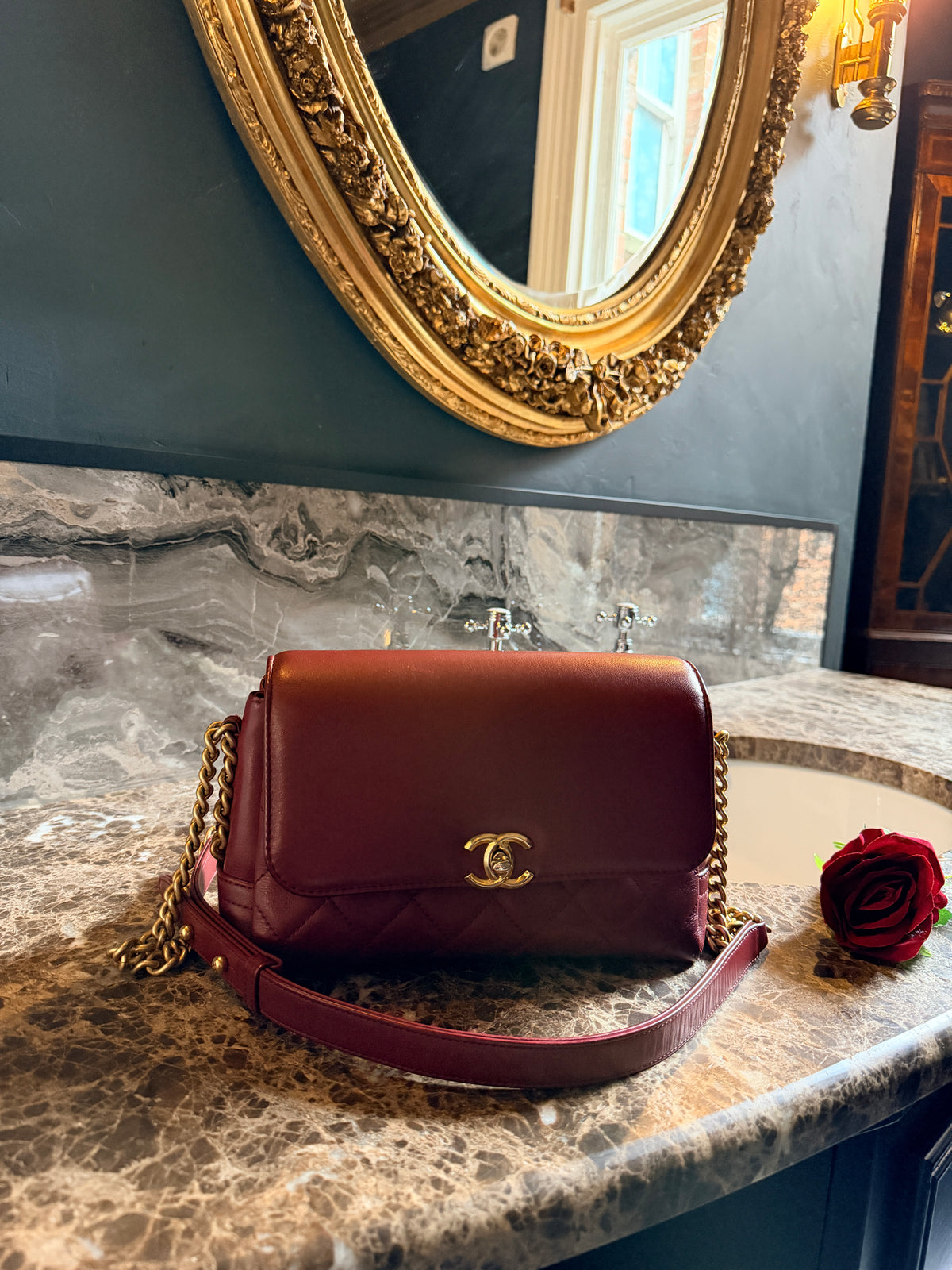 Chanel Single Flap Quilted Burgundy Lambskin Leather Bag with Aged Gold Hardware