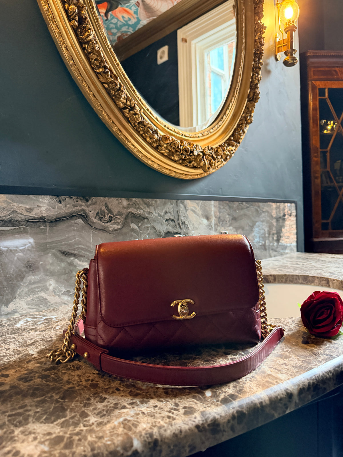 Chanel Single Flap Quilted Burgundy Lambskin Leather Bag with Aged Gold Hardware