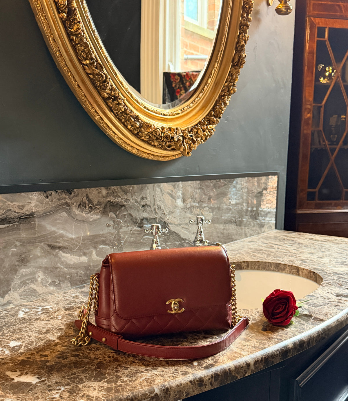 Chanel Single Flap Quilted Burgundy Lambskin Leather Bag with Aged Gold Hardware