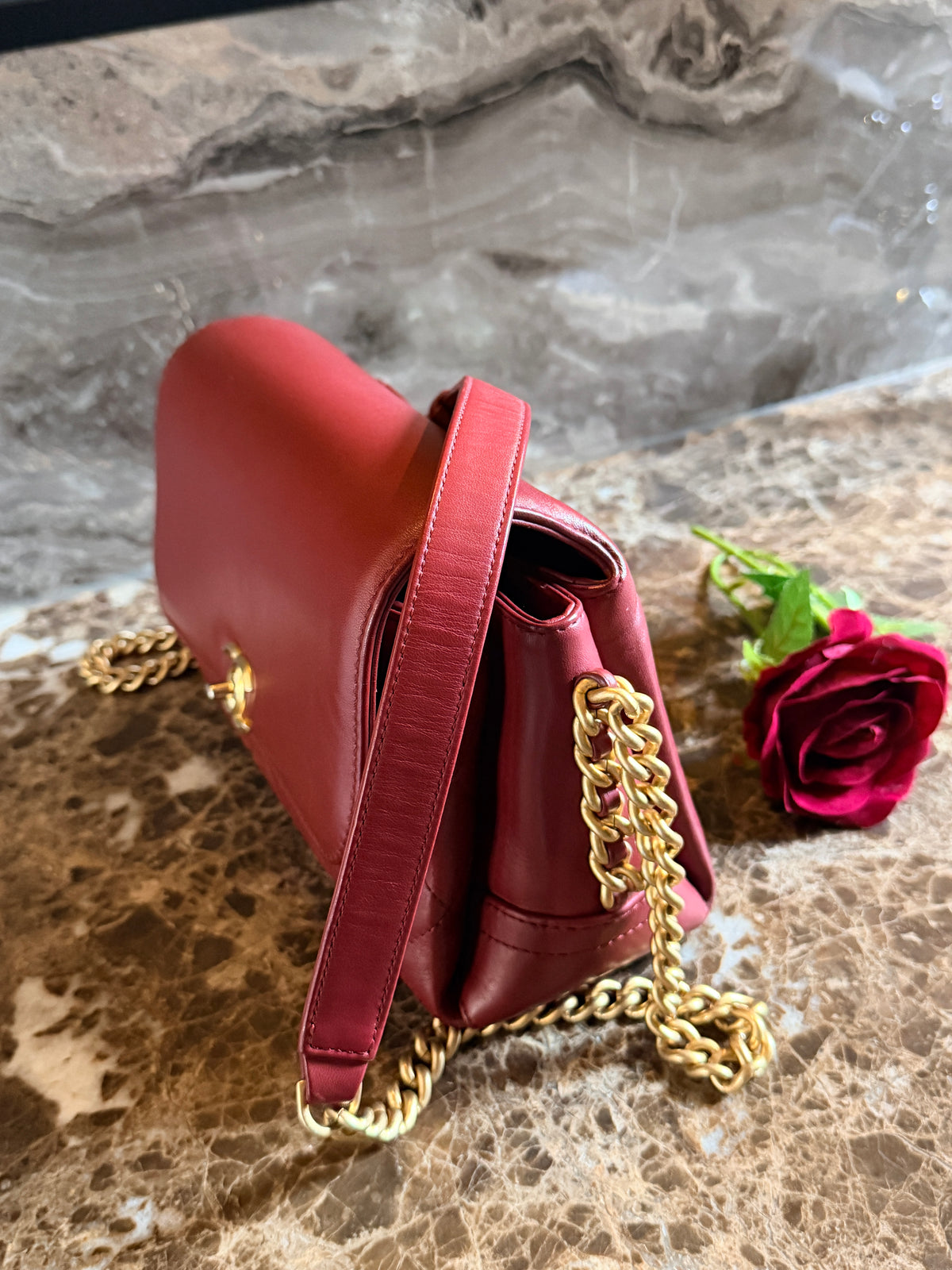 Chanel Single Flap Quilted Burgundy Lambskin Leather Bag with Aged Gold Hardware