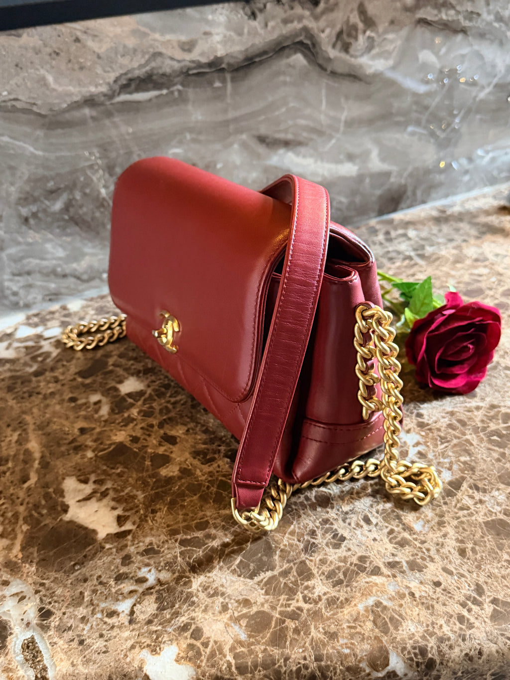 Chanel Single Flap Quilted Burgundy Lambskin Leather Bag with Aged Gold Hardware