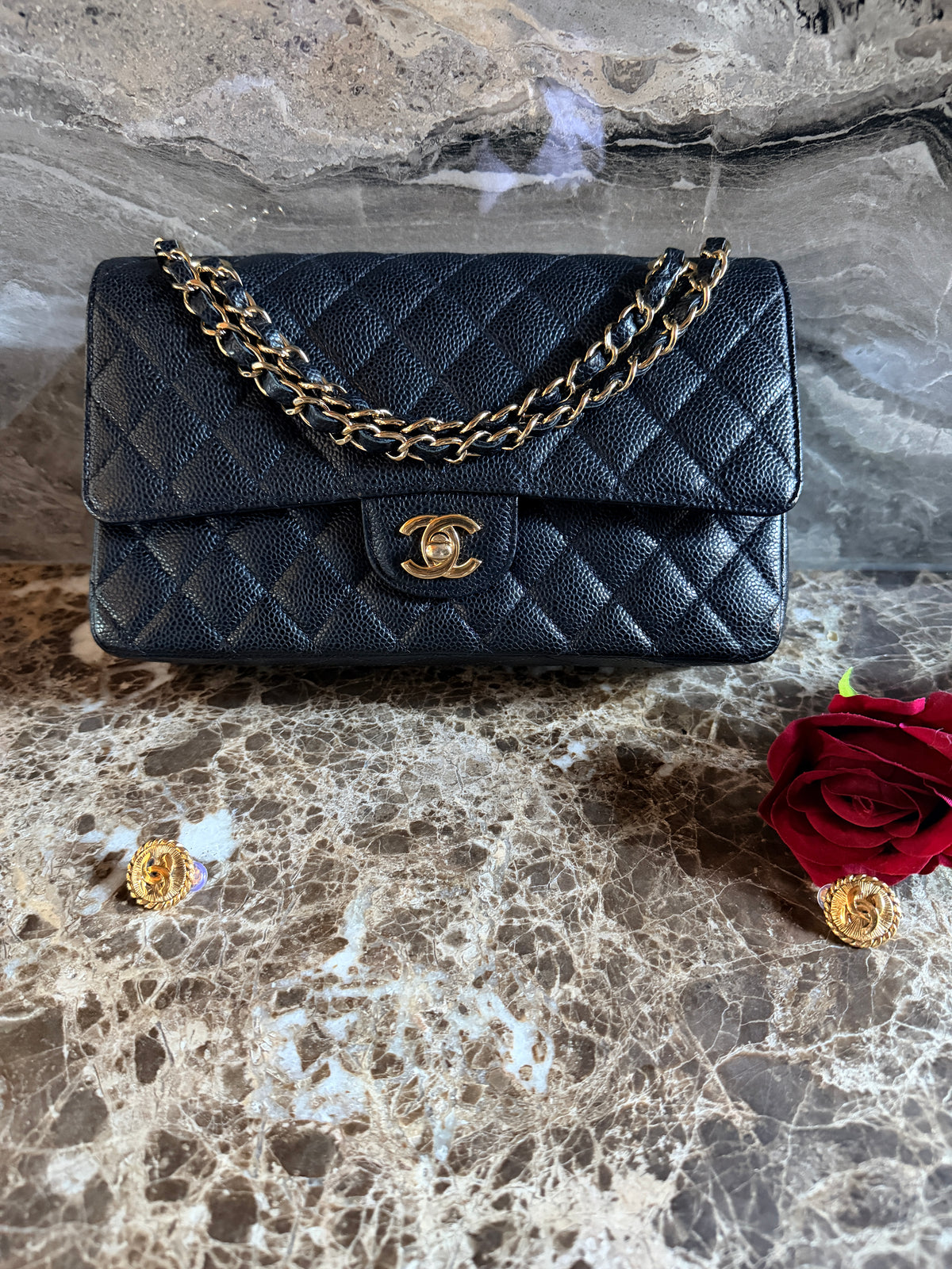 Chanel Timeless Classic Medium Double Flap Bag Black Caviar Leather Gold Hardware