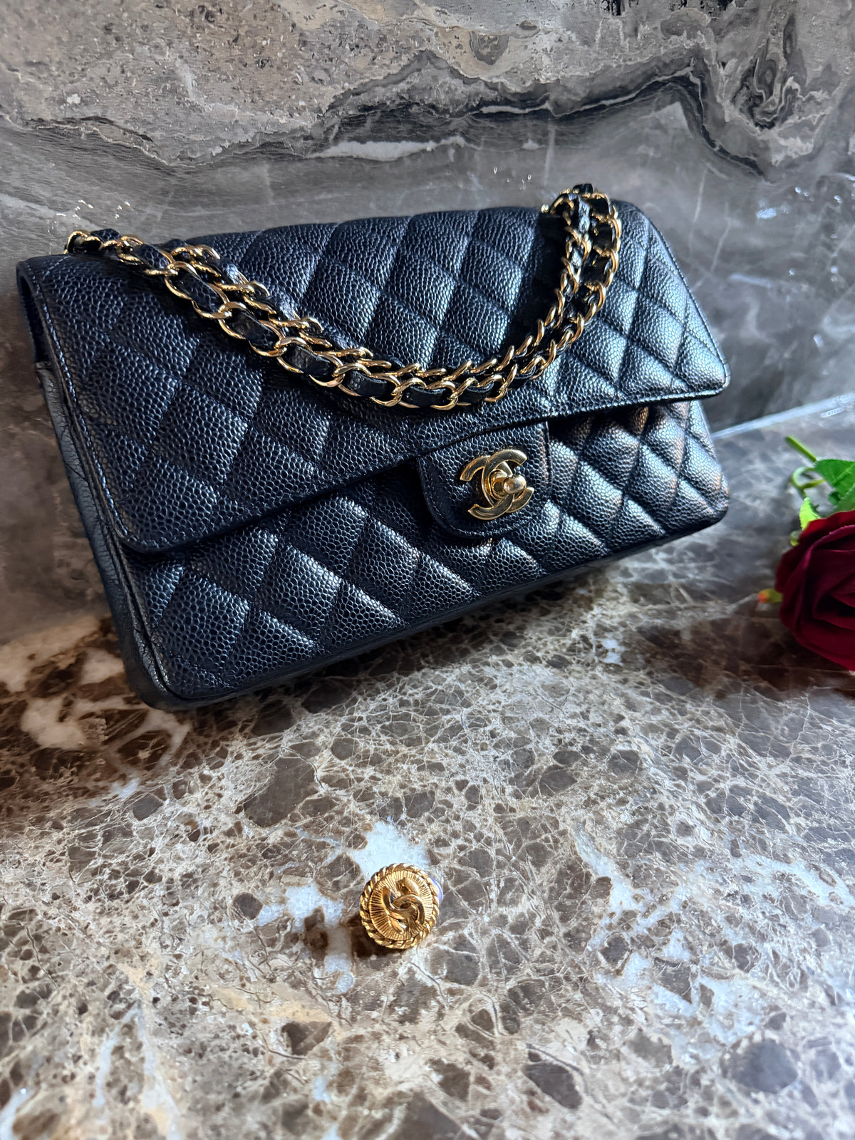Chanel Timeless Classic Medium Double Flap Bag Black Caviar Leather Gold Hardware