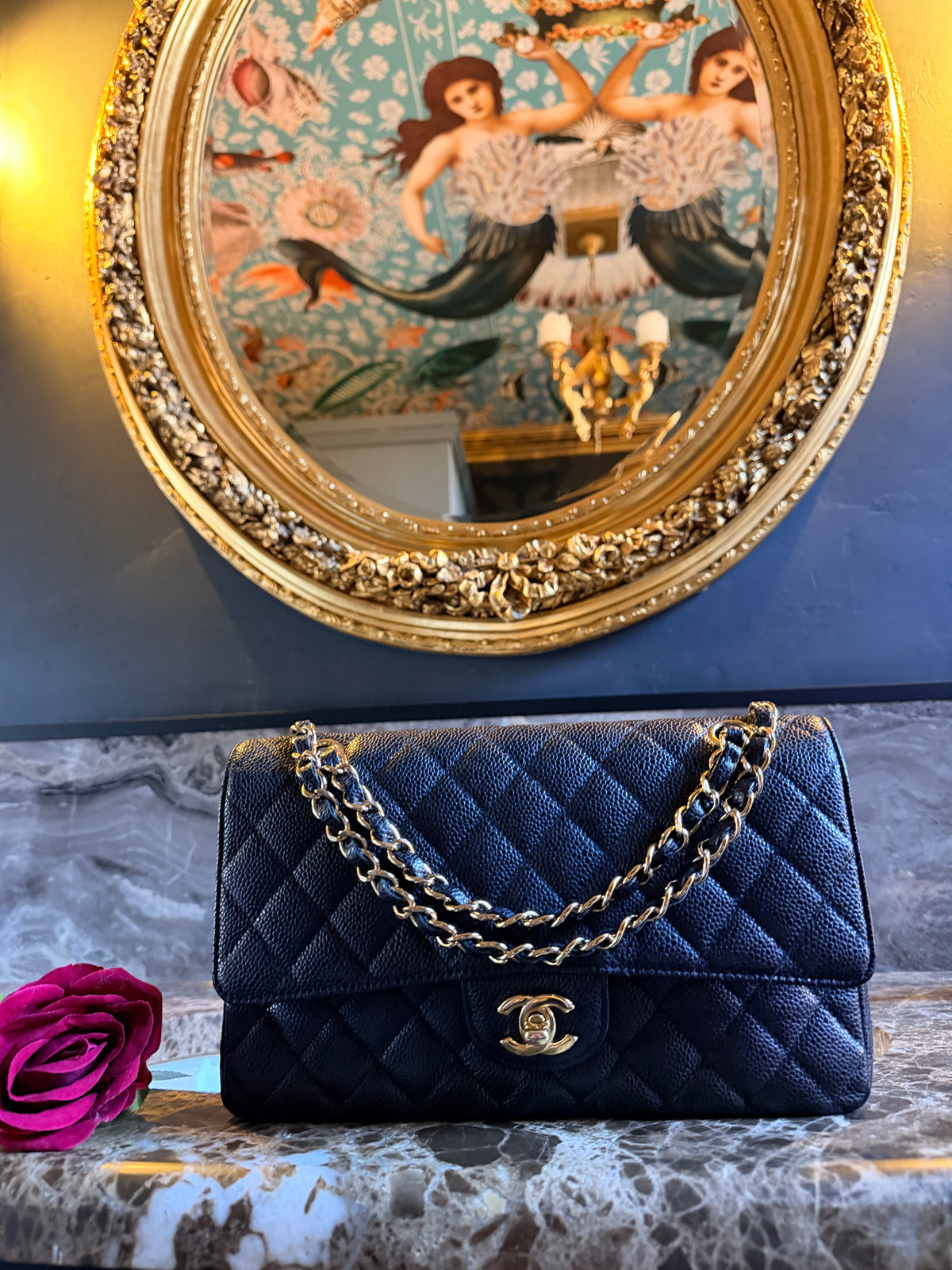 Chanel Timeless Classic Medium Double Flap Bag Black Caviar Leather Gold Hardware