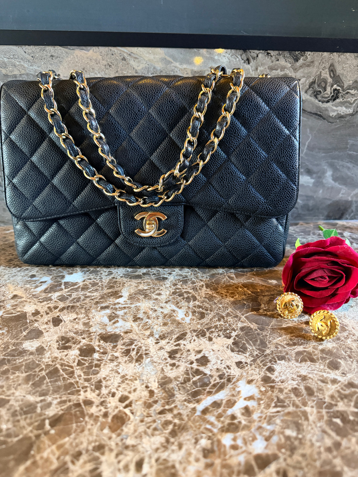 Chanel Jumbo Classic Single Flap Black Caviar Leather Gold Hardware
