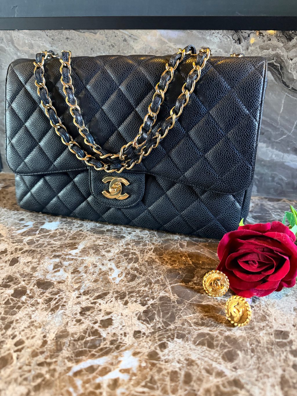 Chanel Jumbo Classic Single Flap Black Caviar Leather Gold Hardware
