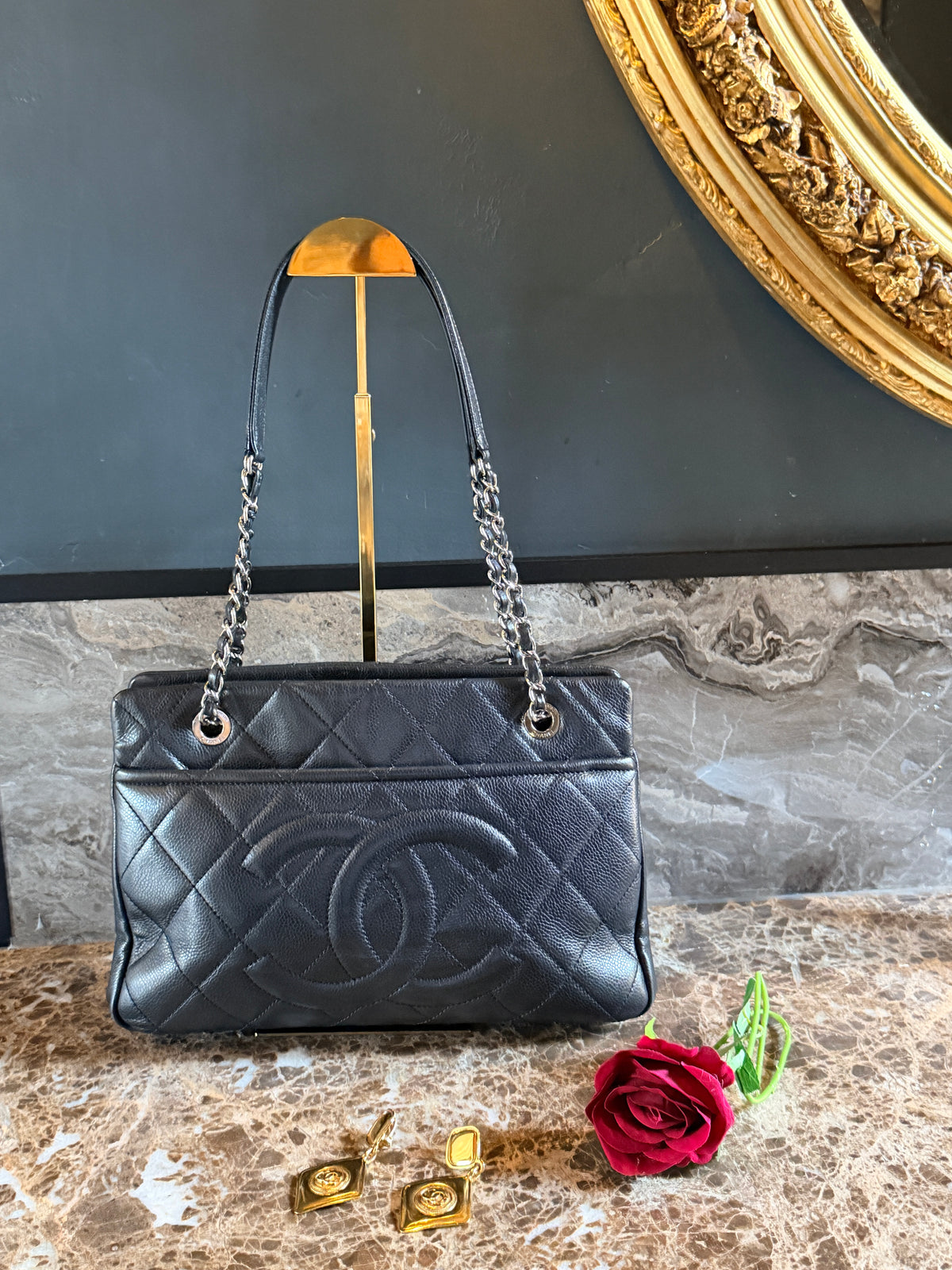Chanel Medium Tote Bag Black Caviar Leather with Silver Hardware