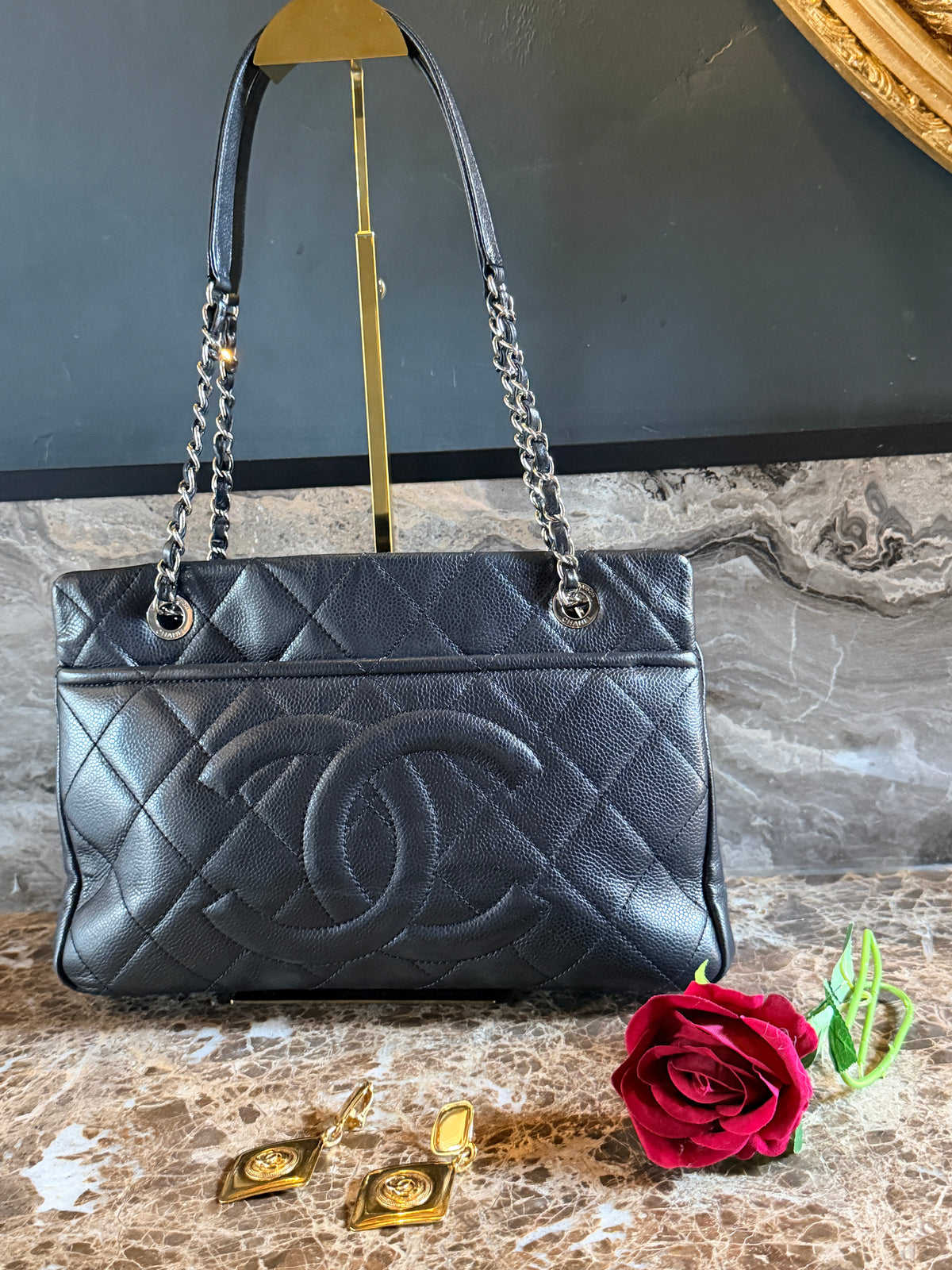 Chanel Medium Tote Bag Black Caviar Leather with Silver Hardware