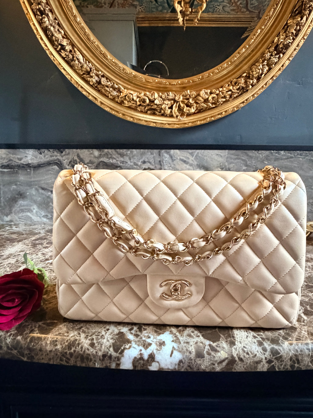 Chanel Jumbo Double Flap Beige Lambskin Leather Handbag Gold Hardware