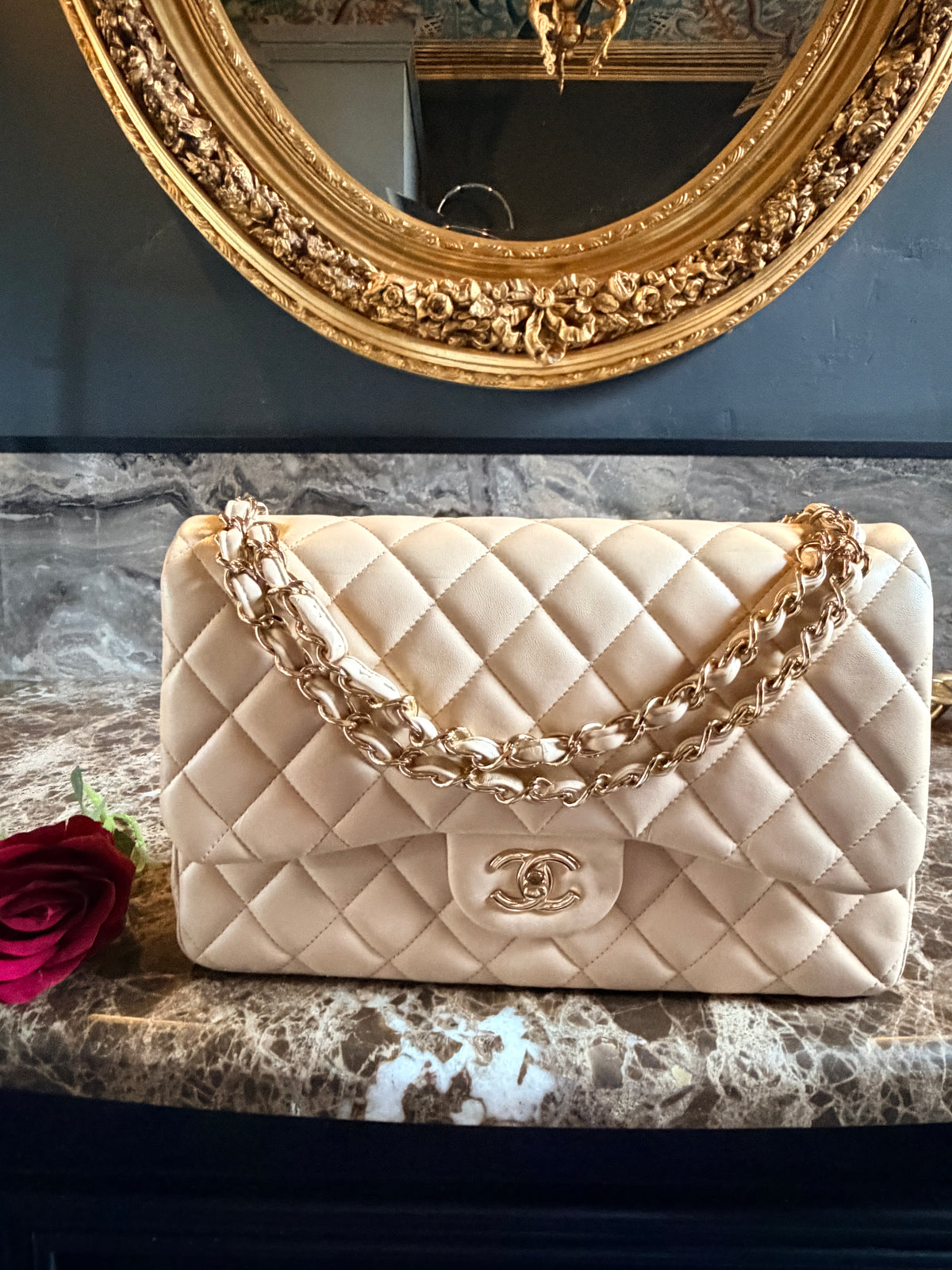 Chanel Jumbo Double Flap Beige Lambskin Leather Handbag Gold Hardware