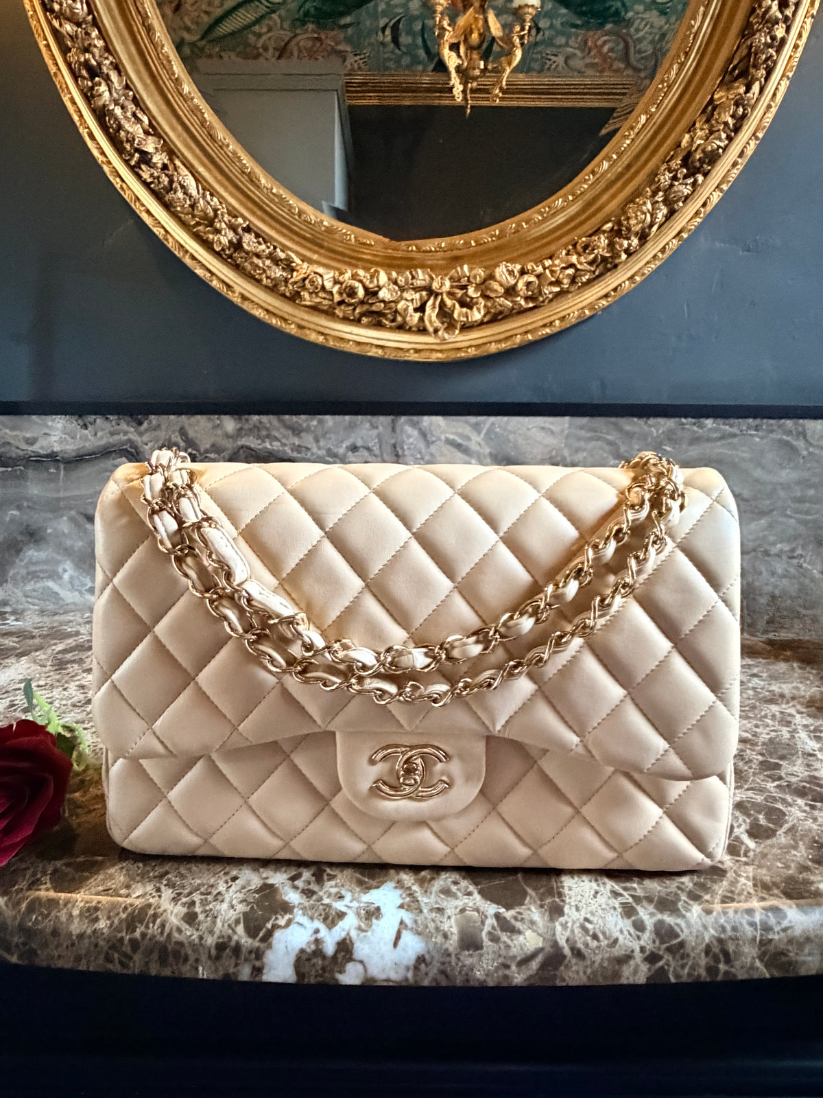 Chanel Jumbo Double Flap Beige Lambskin Leather Handbag Gold Hardware