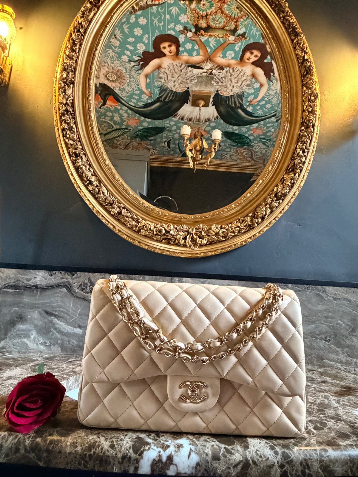 Chanel Jumbo Double Flap Beige Lambskin Leather Handbag Gold Hardware