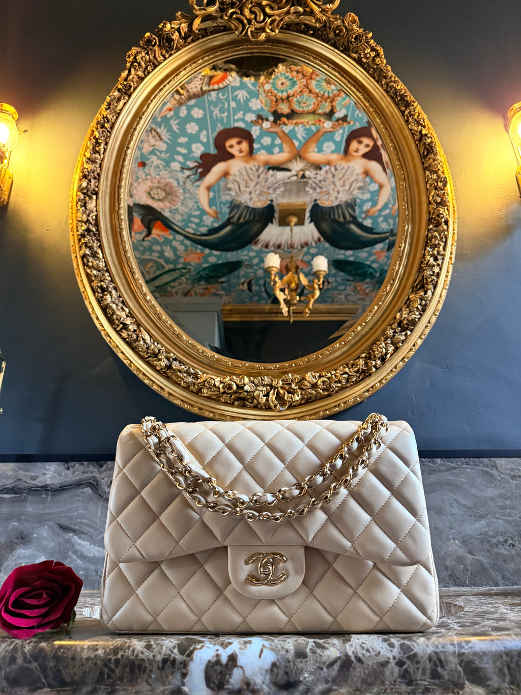Chanel Jumbo Double Flap Beige Lambskin Leather Handbag Gold Hardware