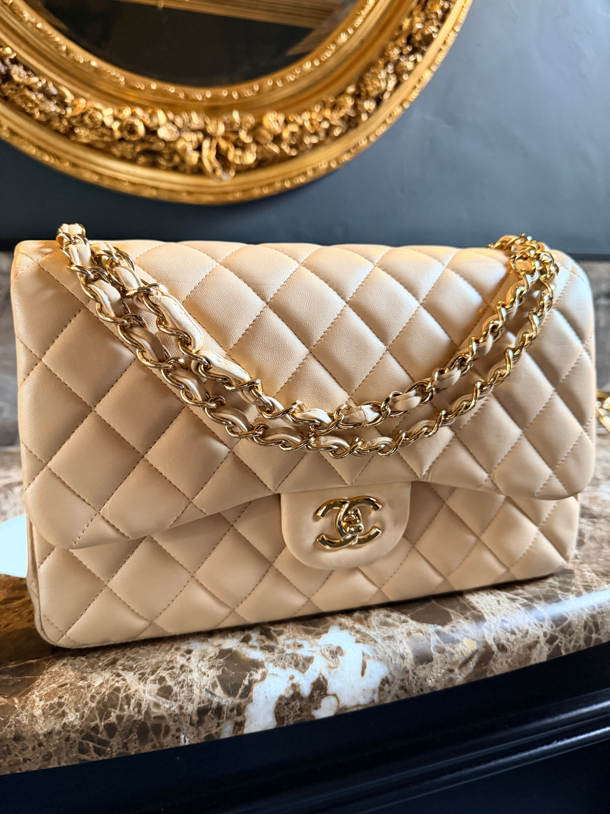 Chanel Jumbo Double Flap Beige Lambskin Leather Handbag Gold Hardware