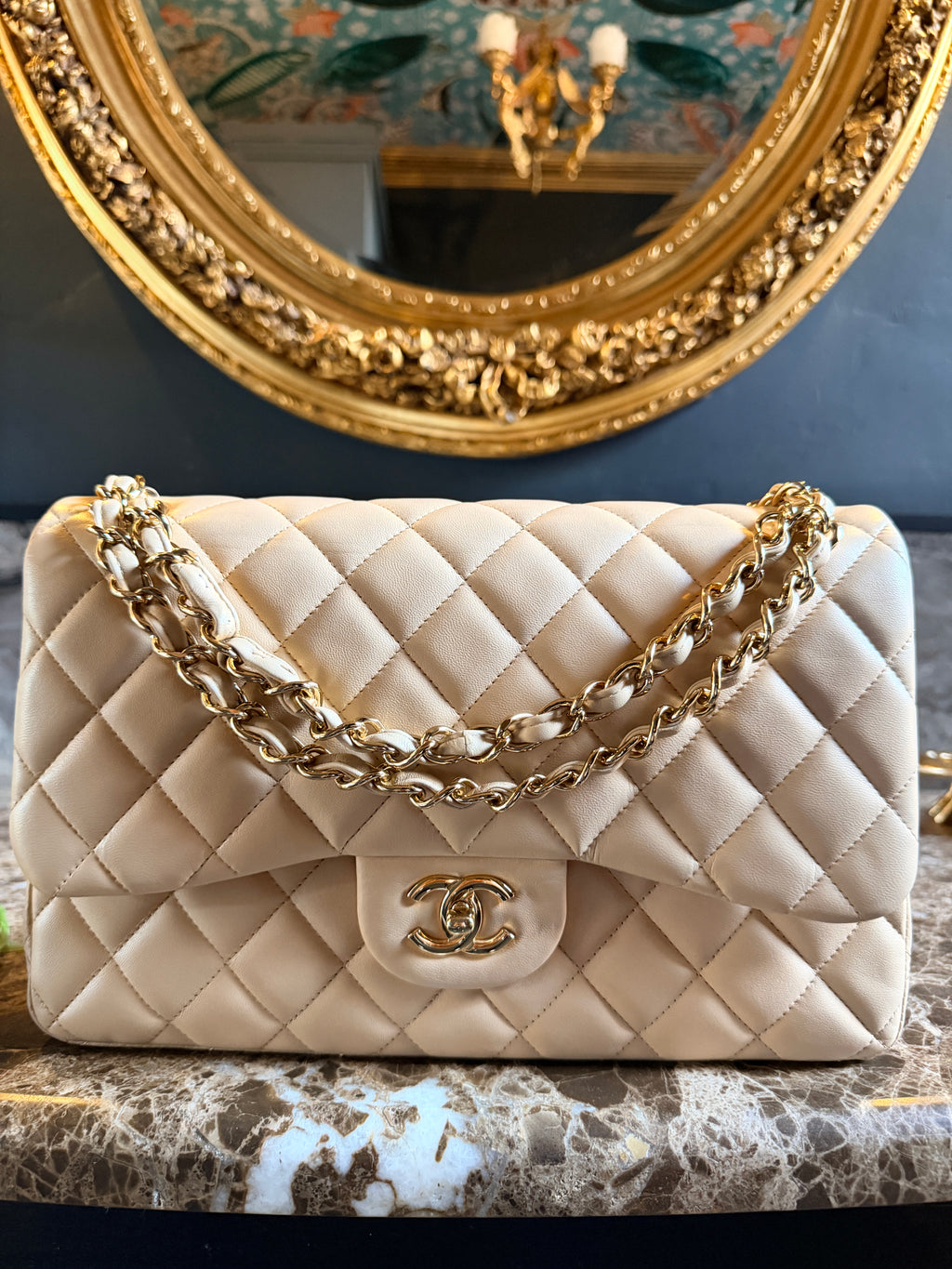 Chanel Jumbo Double Flap Beige Lambskin Leather Handbag Gold Hardware