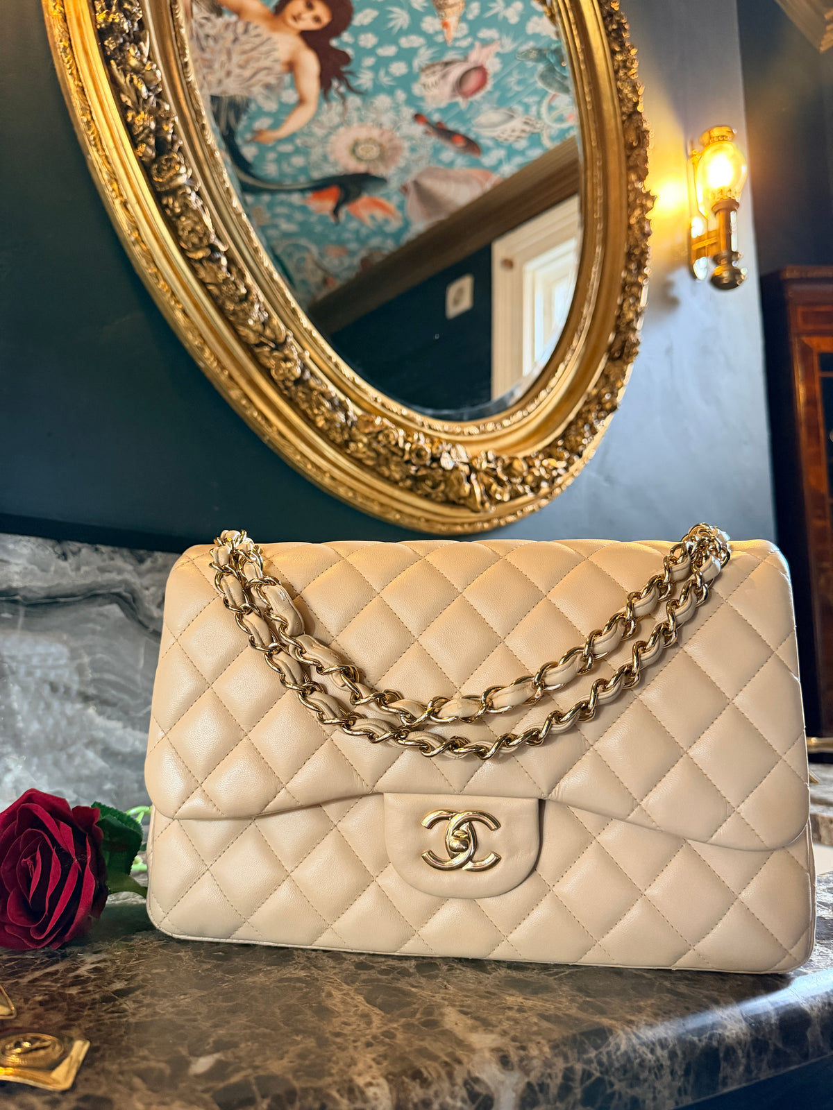 Chanel Jumbo Double Flap Beige Lambskin Leather Handbag Gold Hardware