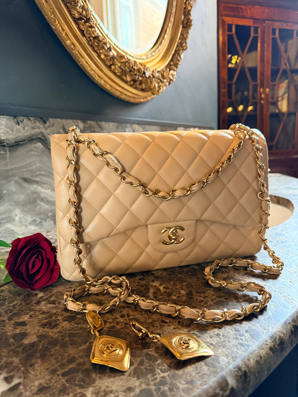 Chanel Jumbo Double Flap Beige Lambskin Leather Handbag Gold Hardware