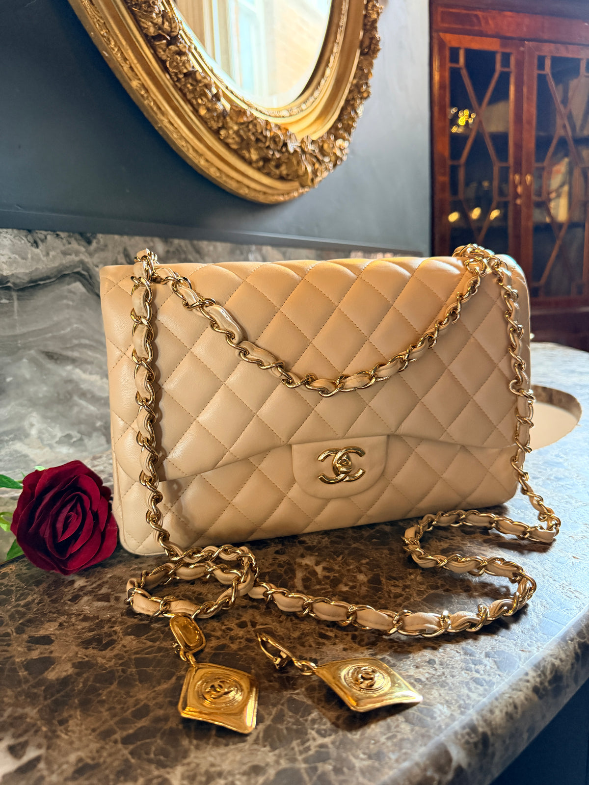Chanel Jumbo Double Flap Beige Lambskin Leather Handbag Gold Hardware