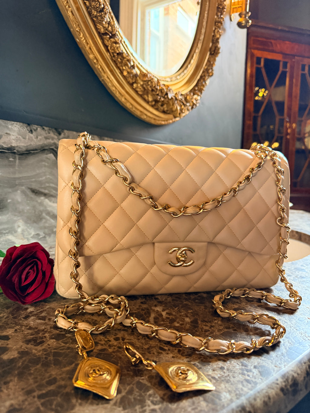 Chanel Jumbo Double Flap Beige Lambskin Leather Handbag Gold Hardware