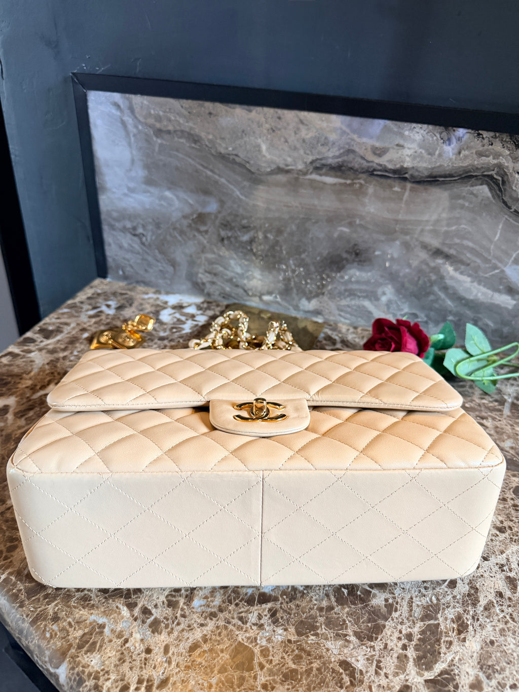 Chanel Jumbo Double Flap Beige Lambskin Leather Handbag Gold Hardware