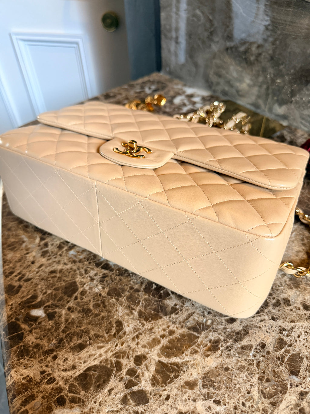 Chanel Jumbo Double Flap Beige Lambskin Leather Handbag Gold Hardware