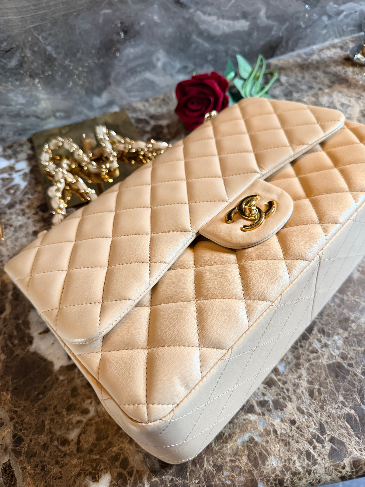 Chanel Jumbo Double Flap Beige Lambskin Leather Handbag Gold Hardware