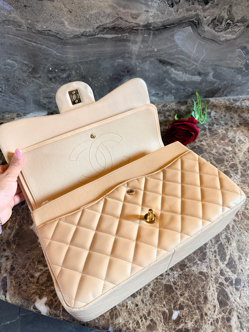 Chanel Jumbo Double Flap Beige Lambskin Leather Handbag Gold Hardware