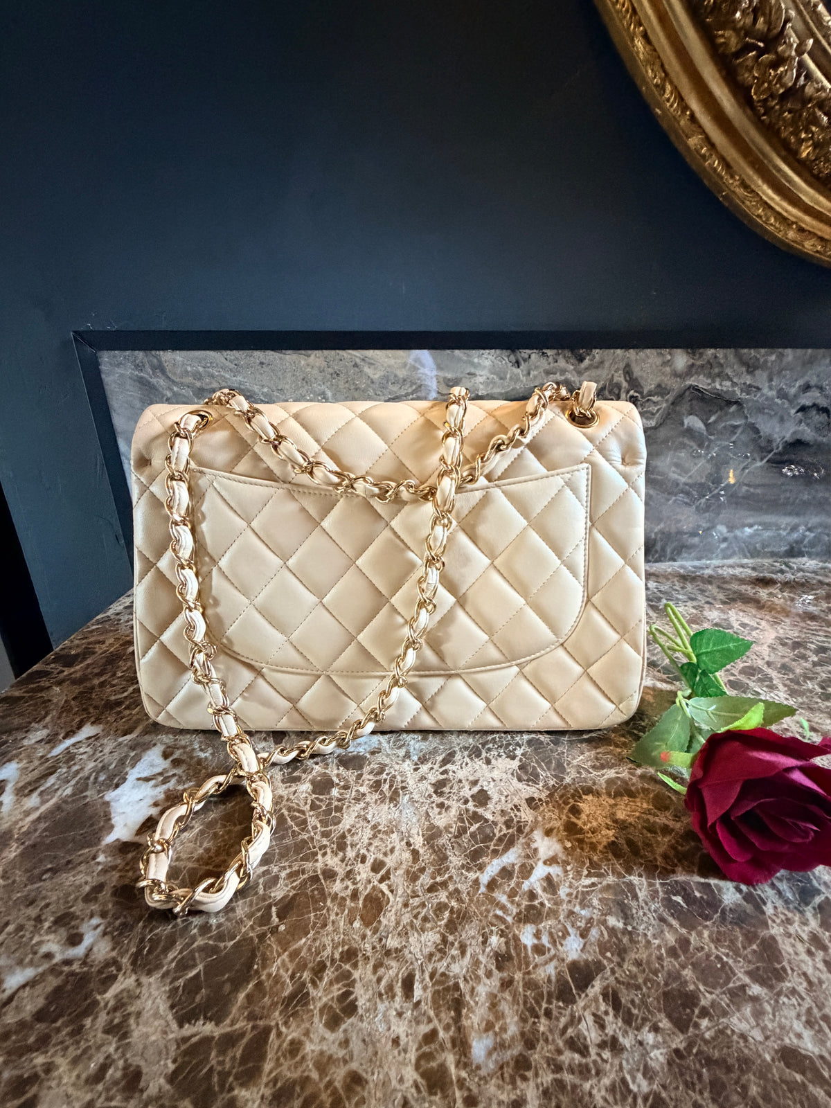 Chanel Jumbo Double Flap Beige Lambskin Leather Handbag Gold Hardware