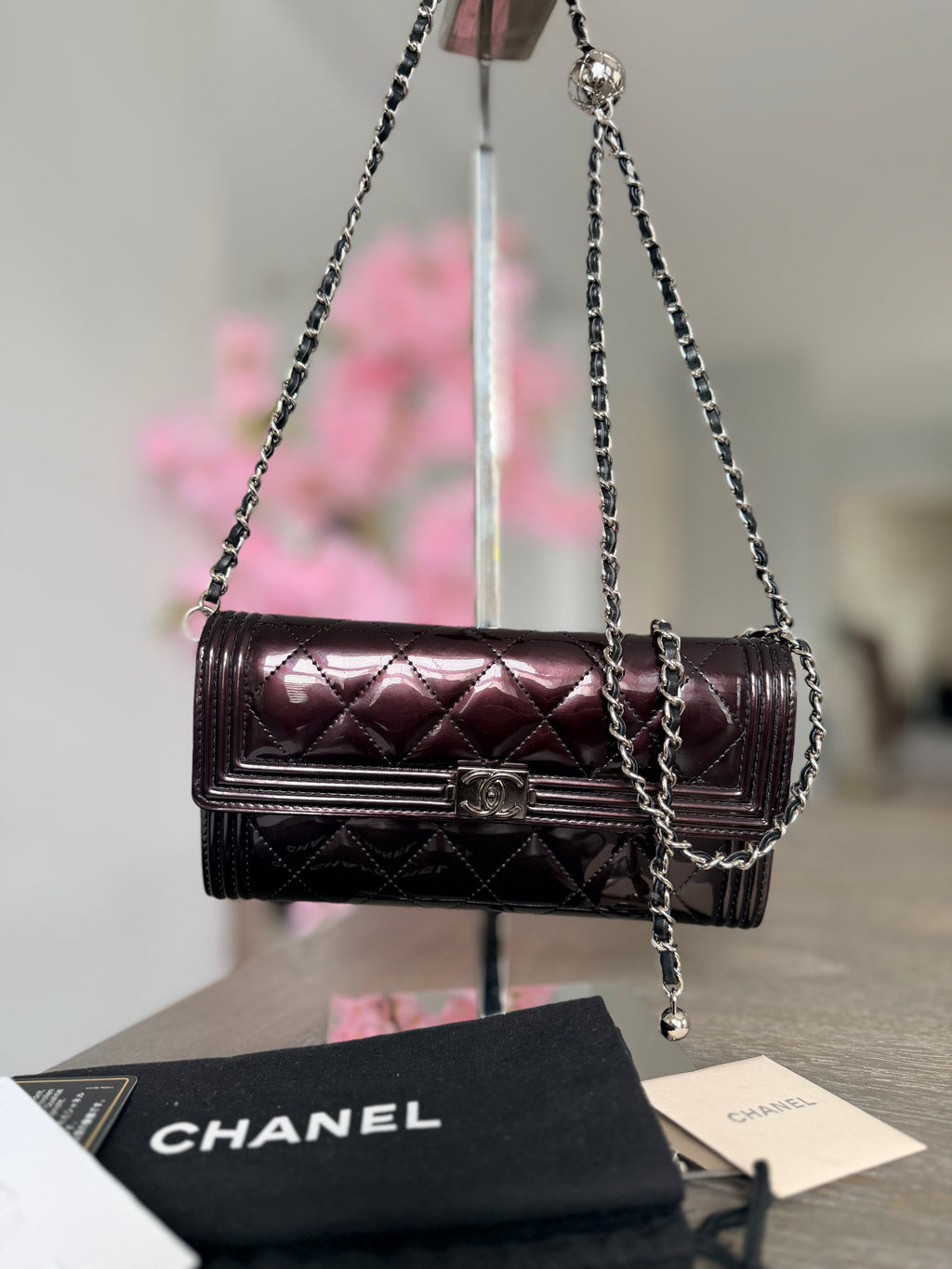 Chanel Boy Wallet Burgundy Patent Leather Silver Hardware