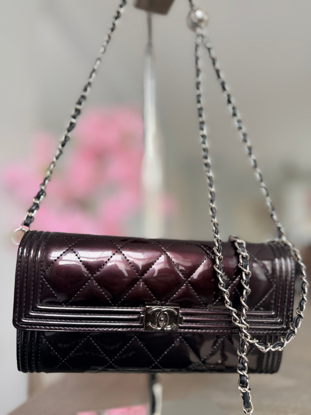 Chanel Boy Wallet Burgundy Patent Leather Silver Hardware