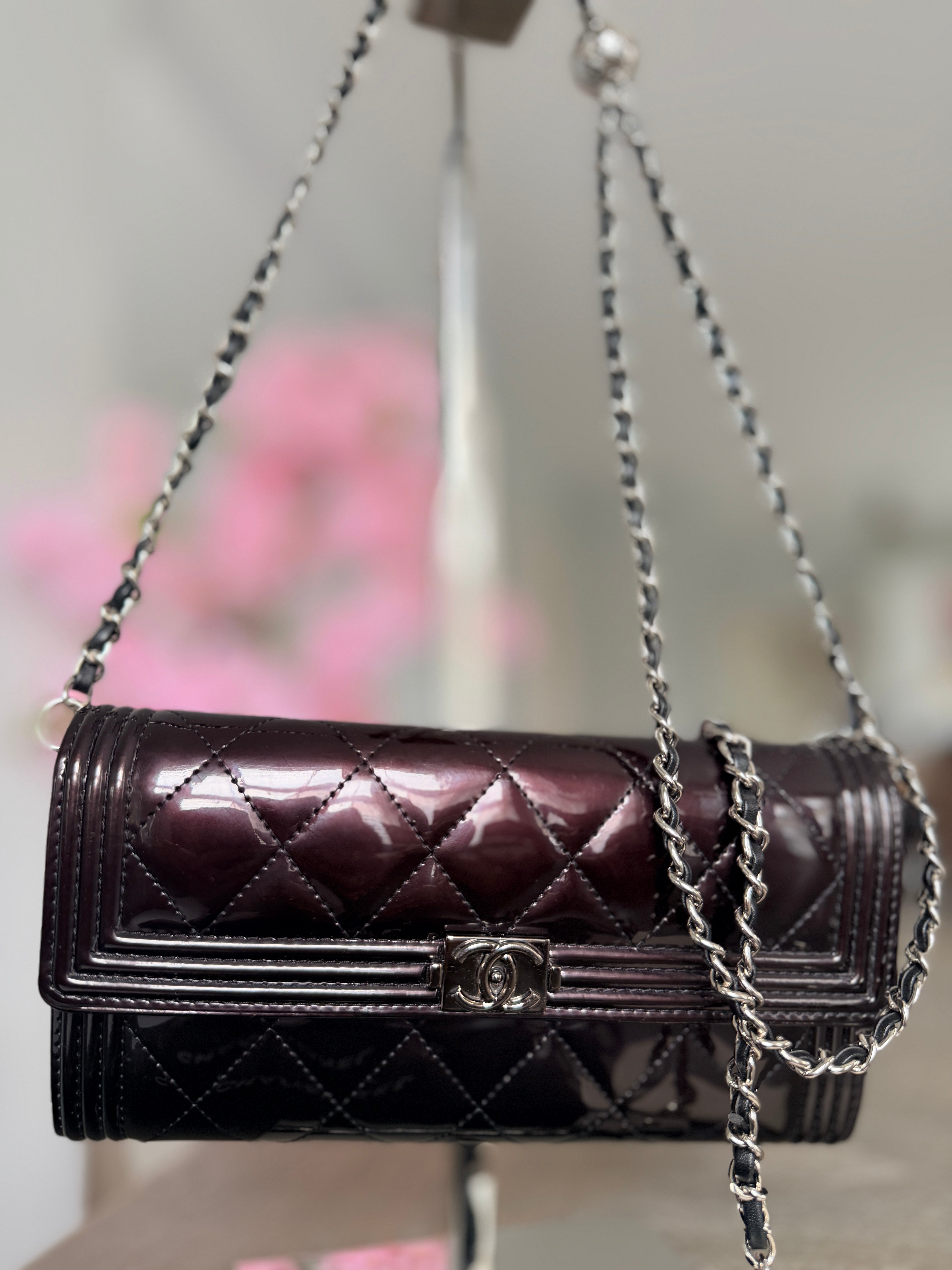 Chanel Boy Wallet Burgundy Patent Leather Silver Hardware