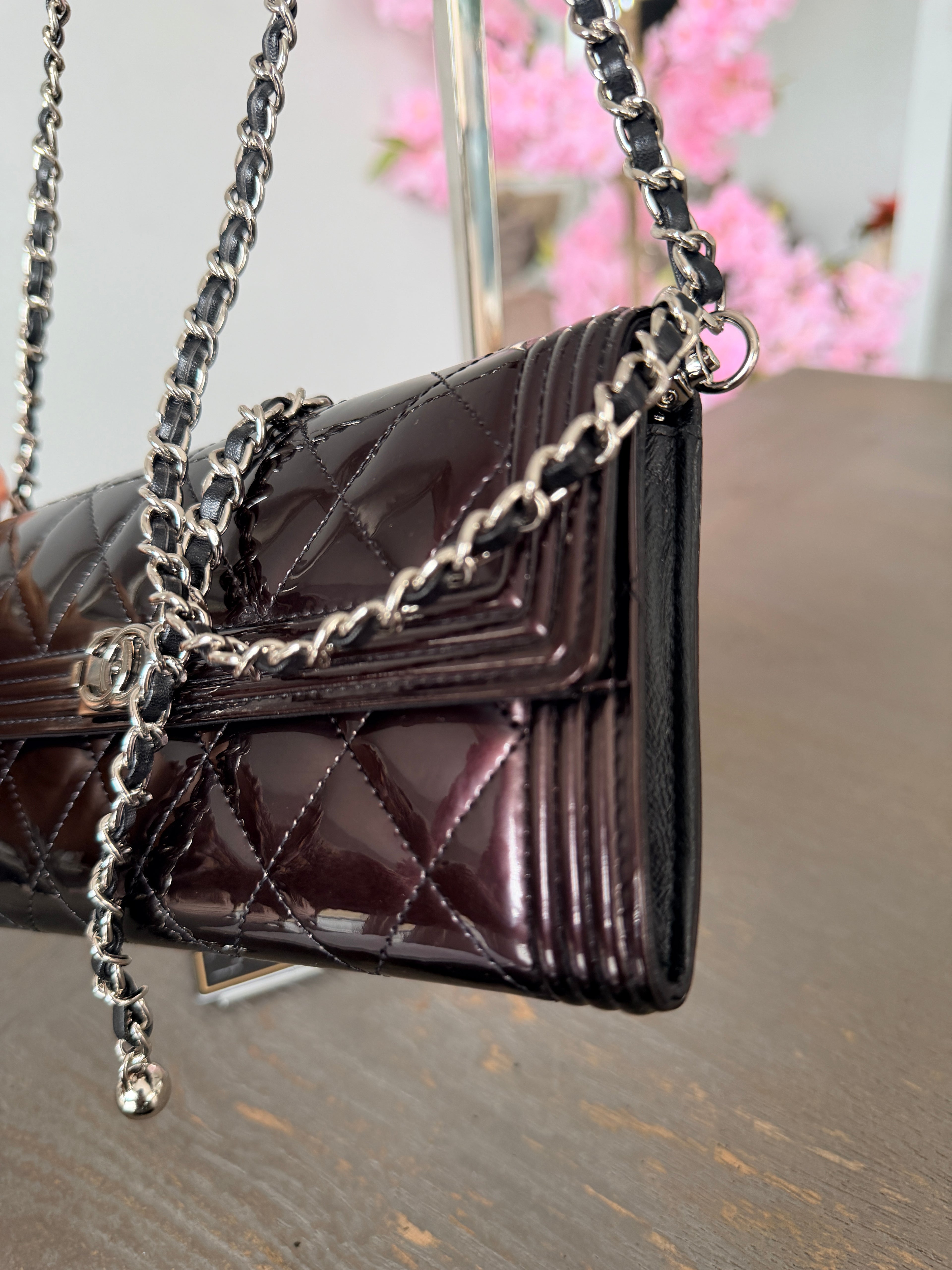 Chanel Boy Wallet Burgundy Patent Leather Silver Hardware