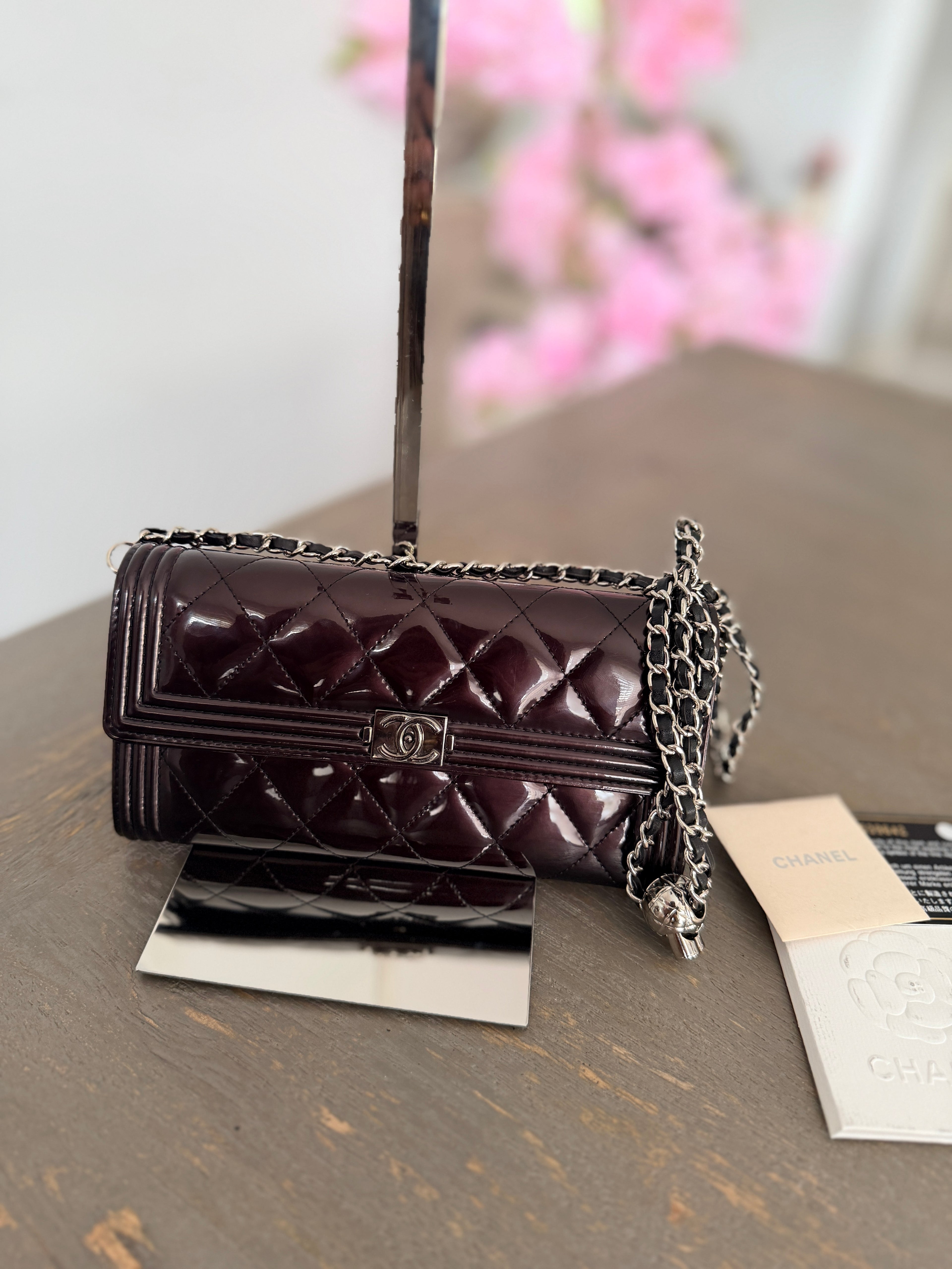 Chanel Boy Wallet Burgundy Patent Leather Silver Hardware