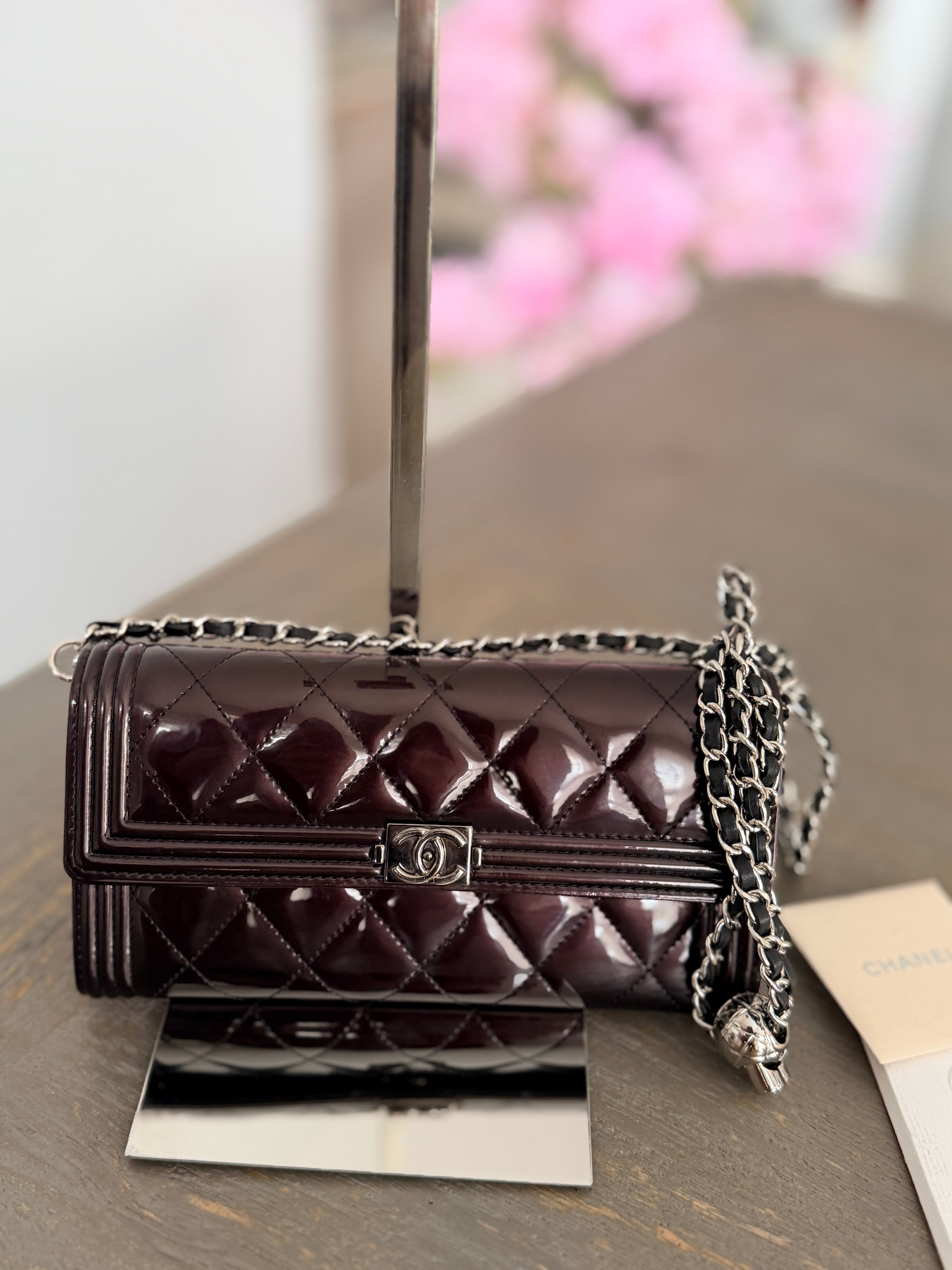 Chanel Boy Wallet Burgundy Patent Leather Silver Hardware