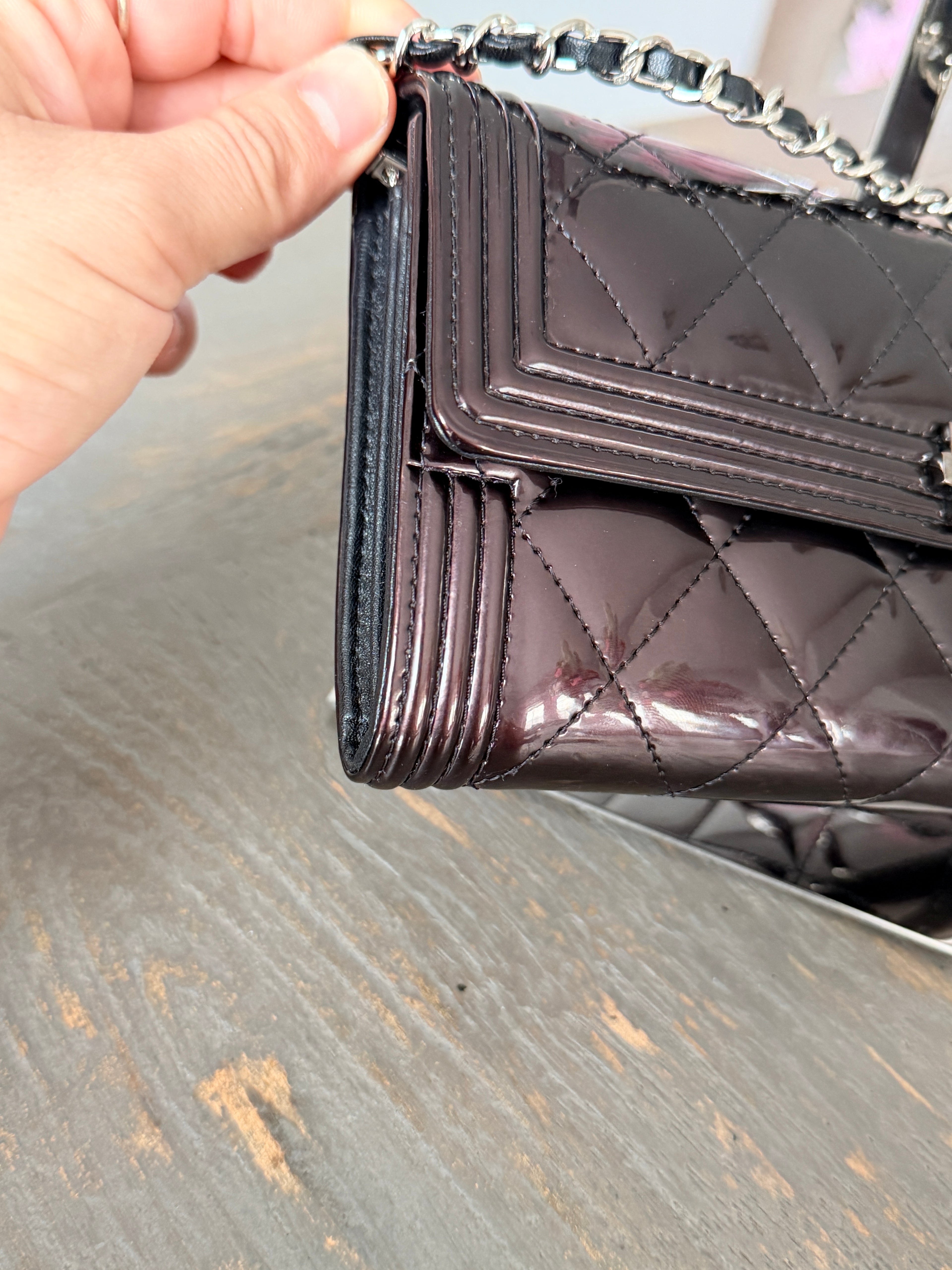 Chanel Boy Wallet Burgundy Patent Leather Silver Hardware