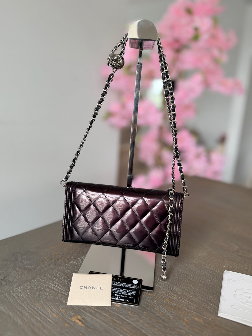 Chanel Boy Wallet Burgundy Patent Leather Silver Hardware